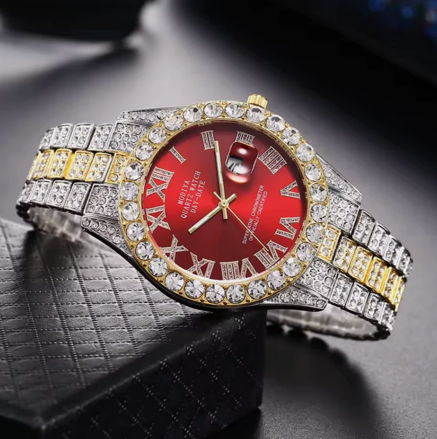 Mens Iced Out AAA Rhinestone 24cm Band Stainless Steel Alloy Quartz Watch