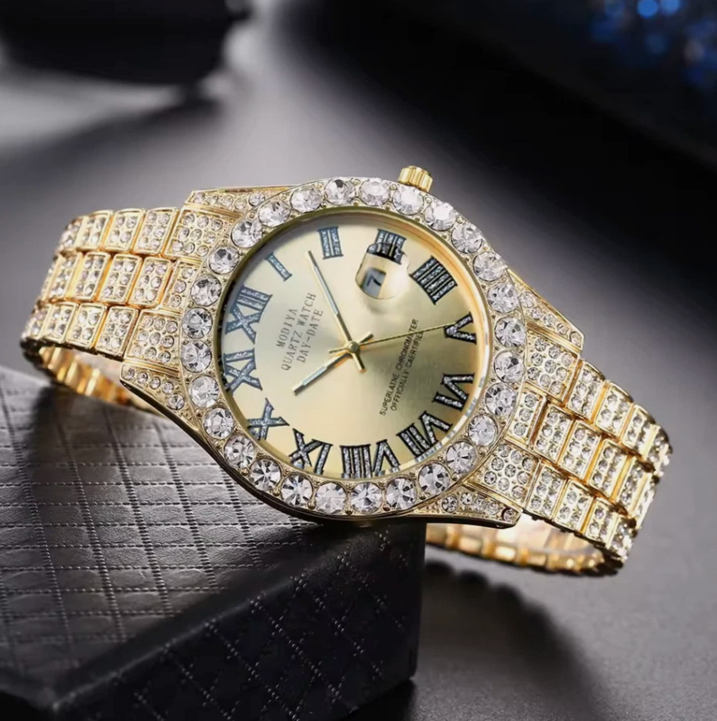 Mens Iced Out AAA Rhinestone 24cm Band Stainless Steel Alloy Quartz Watch