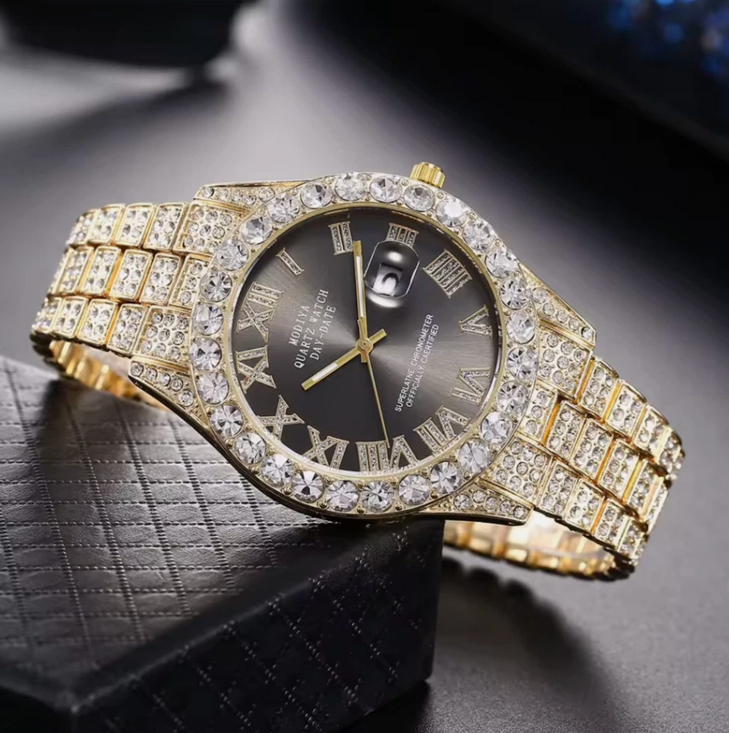 Mens Iced Out AAA Rhinestone 24cm Band Stainless Steel Alloy Quartz Watch