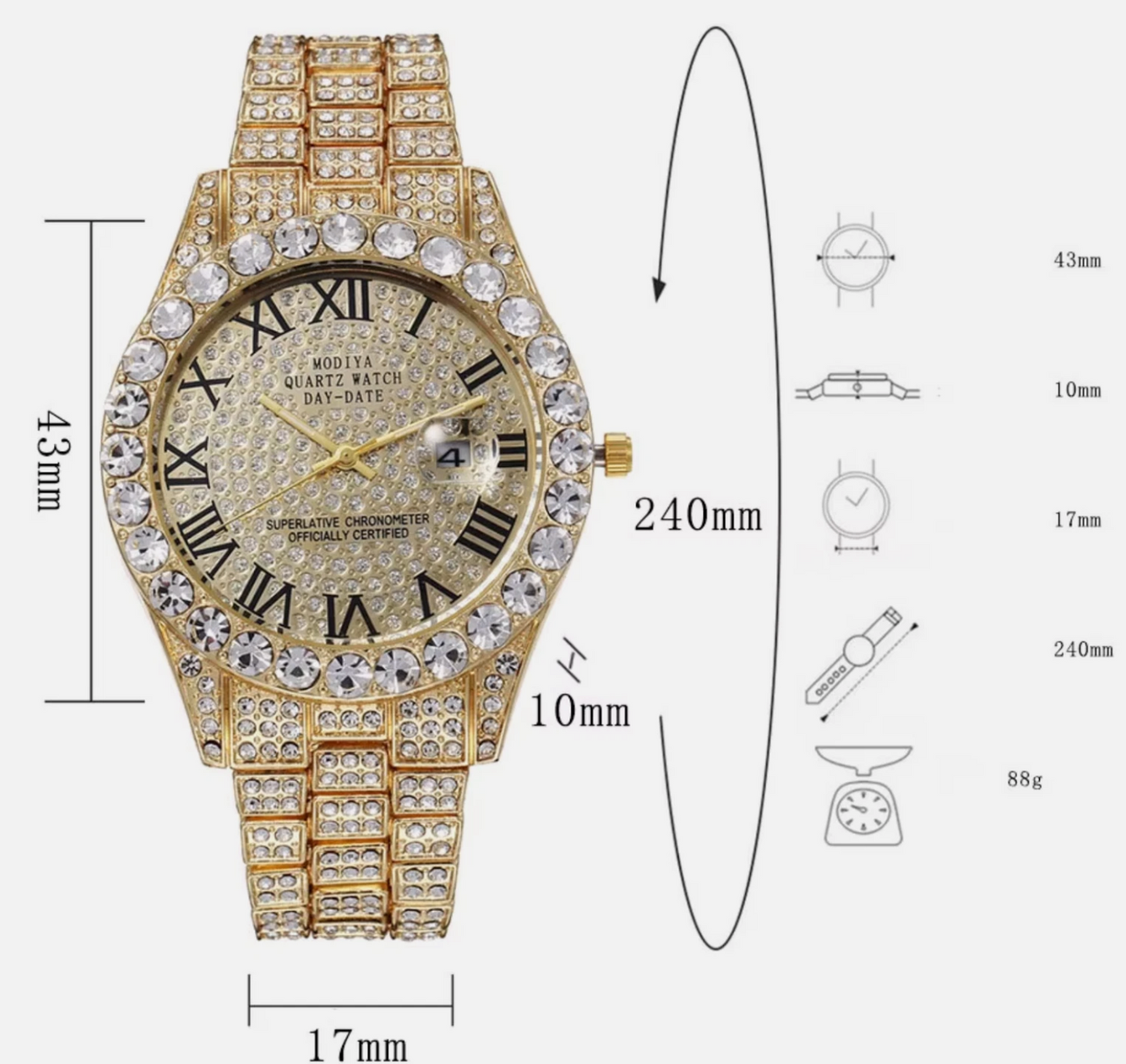 Mens Iced Out AAA Rhinestone 24cm Band Stainless Steel Alloy Quartz Watch
