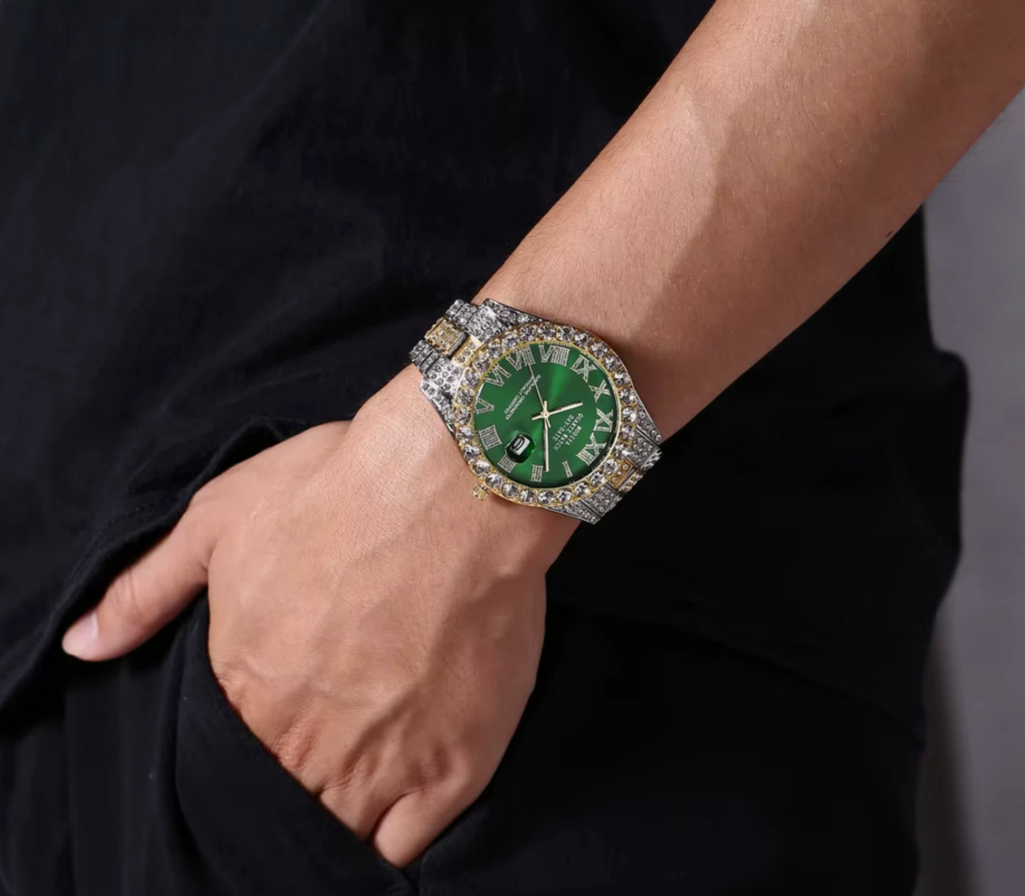 Mens Iced Out AAA Rhinestone 24cm Band Stainless Steel Alloy Quartz Watch
