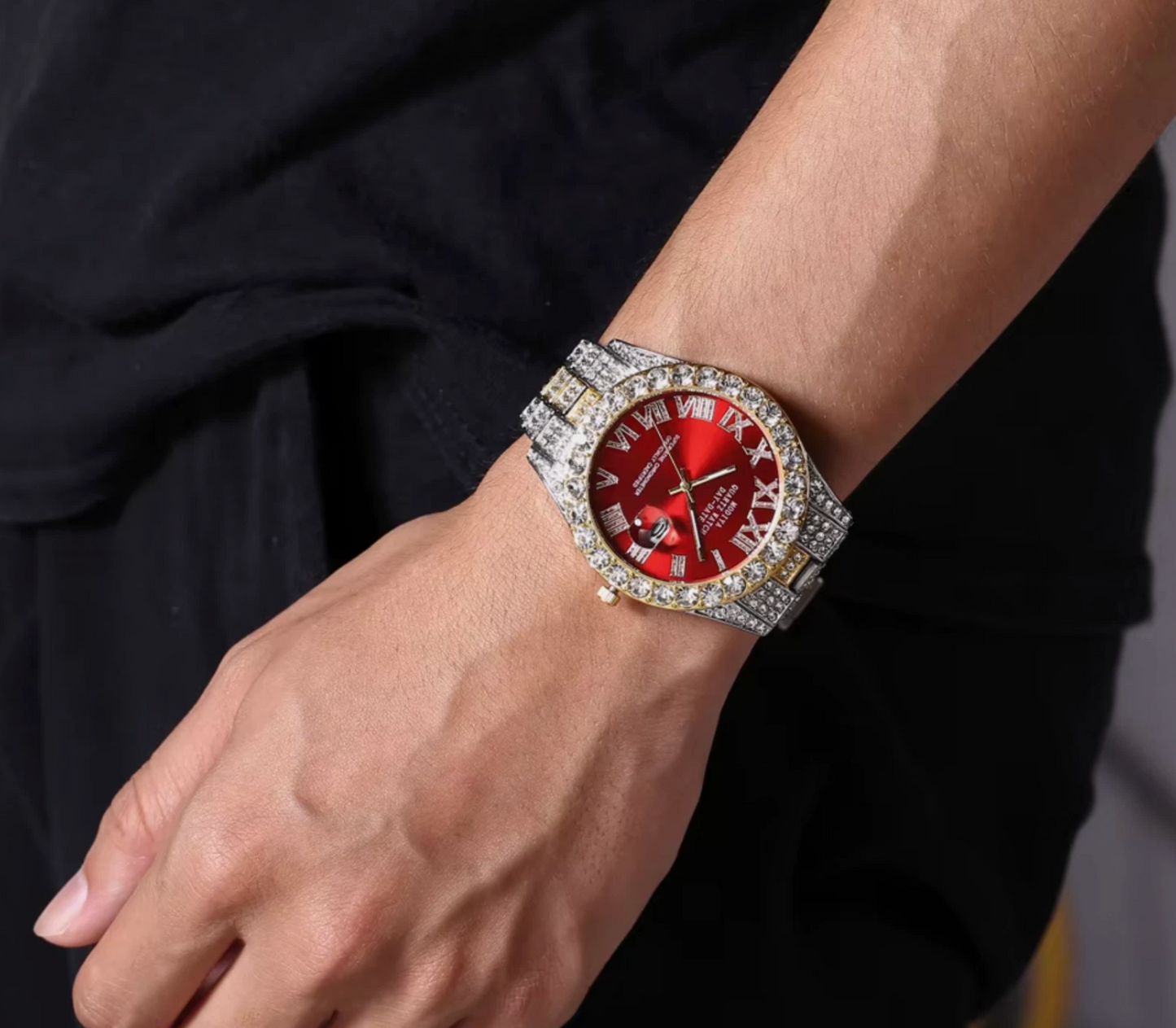 Mens Iced Out AAA Rhinestone 24cm Band Stainless Steel Alloy Quartz Watch