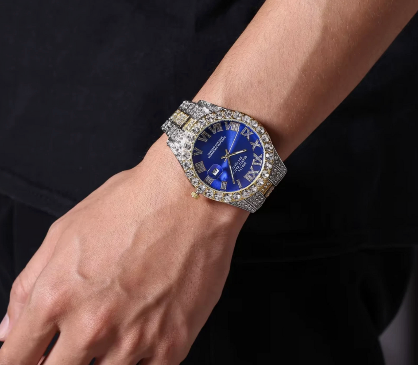 Mens Iced Out AAA Rhinestone 24cm Band Stainless Steel Alloy Quartz Watch