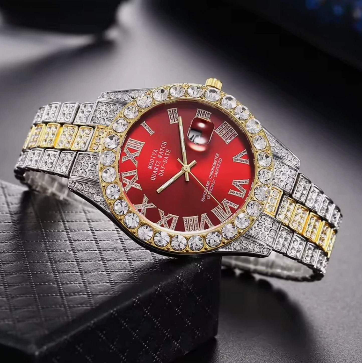 Mens Iced Out AAA Rhinestone 24cm Band Stainless Steel Alloy Quartz Watch