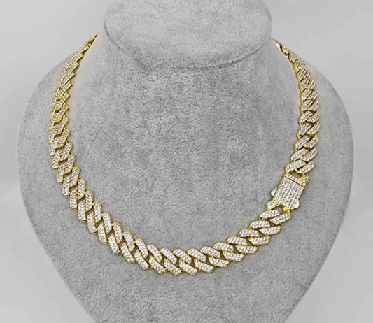 Mens Or Woman's Cuban Link Zinc Alloy Gold & Stone Glimmer Chain 16-24 Inch
