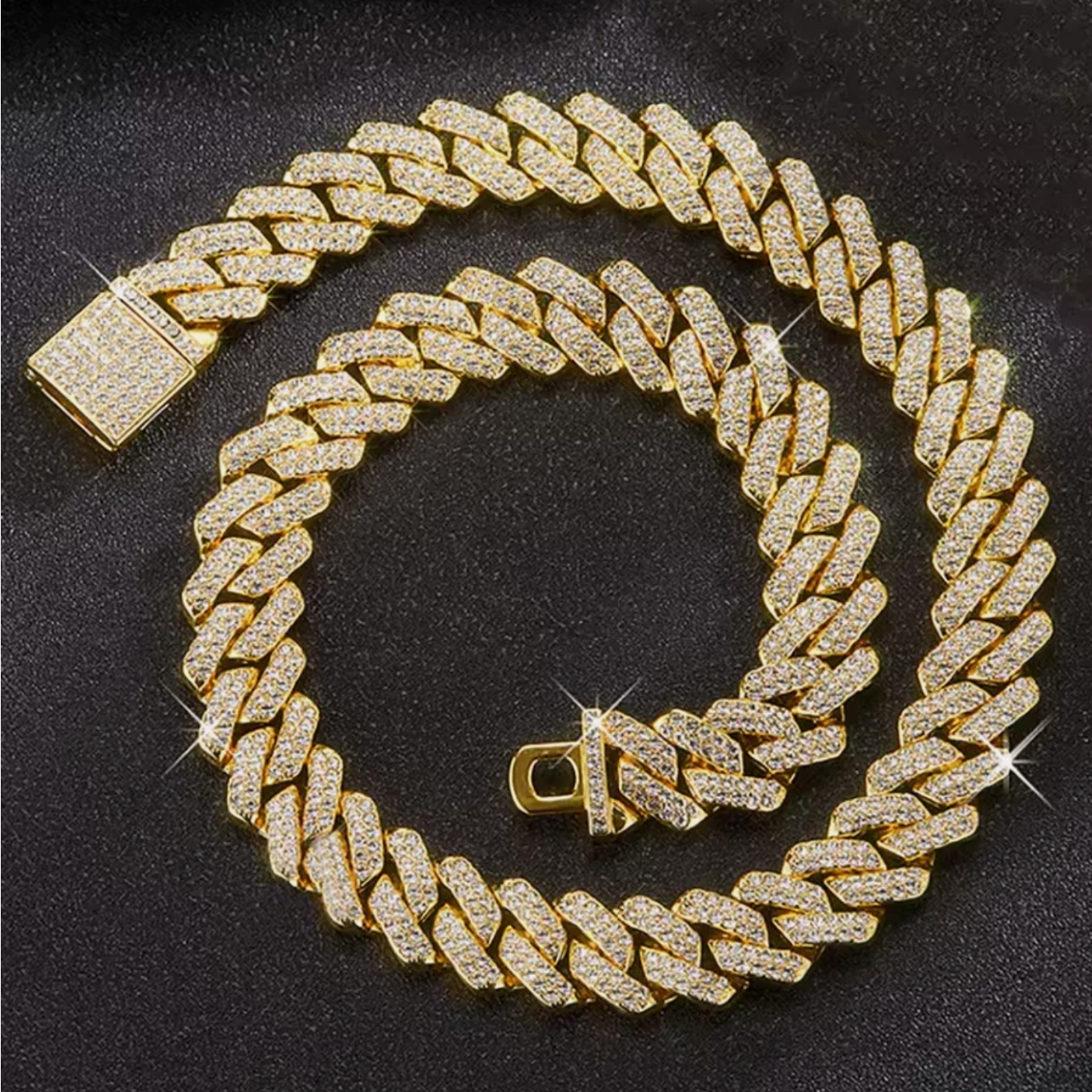 Mens Or Woman's Cuban Link Zinc Alloy Gold & Stone Glimmer Chain 16-24 Inch