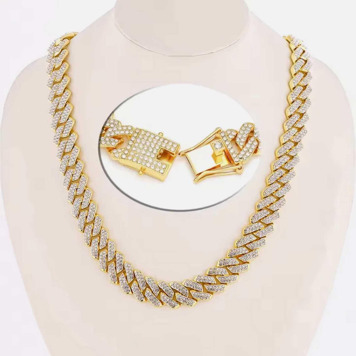 Mens Or Woman's Cuban Link Zinc Alloy Gold & Stone Glimmer Chain 16-24 Inch