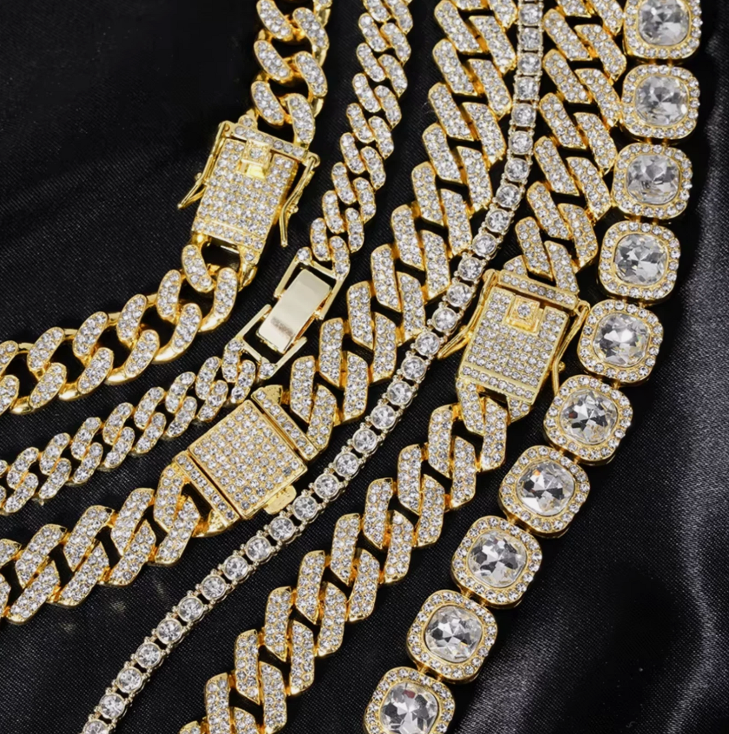 Mens Or Woman's Cuban Link Zinc Alloy Gold & Stone Glimmer Chain 16-24 Inch