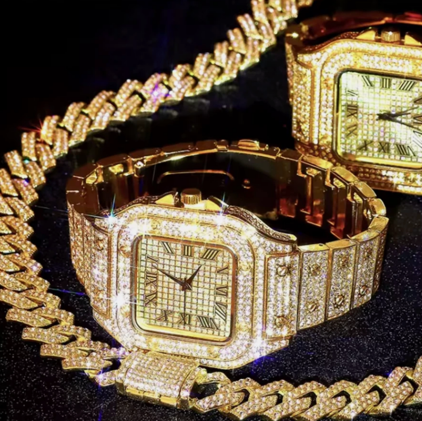 3pc Iced Out Mens Luxurious Watch, Cuban Link Chain & Bracelet Set