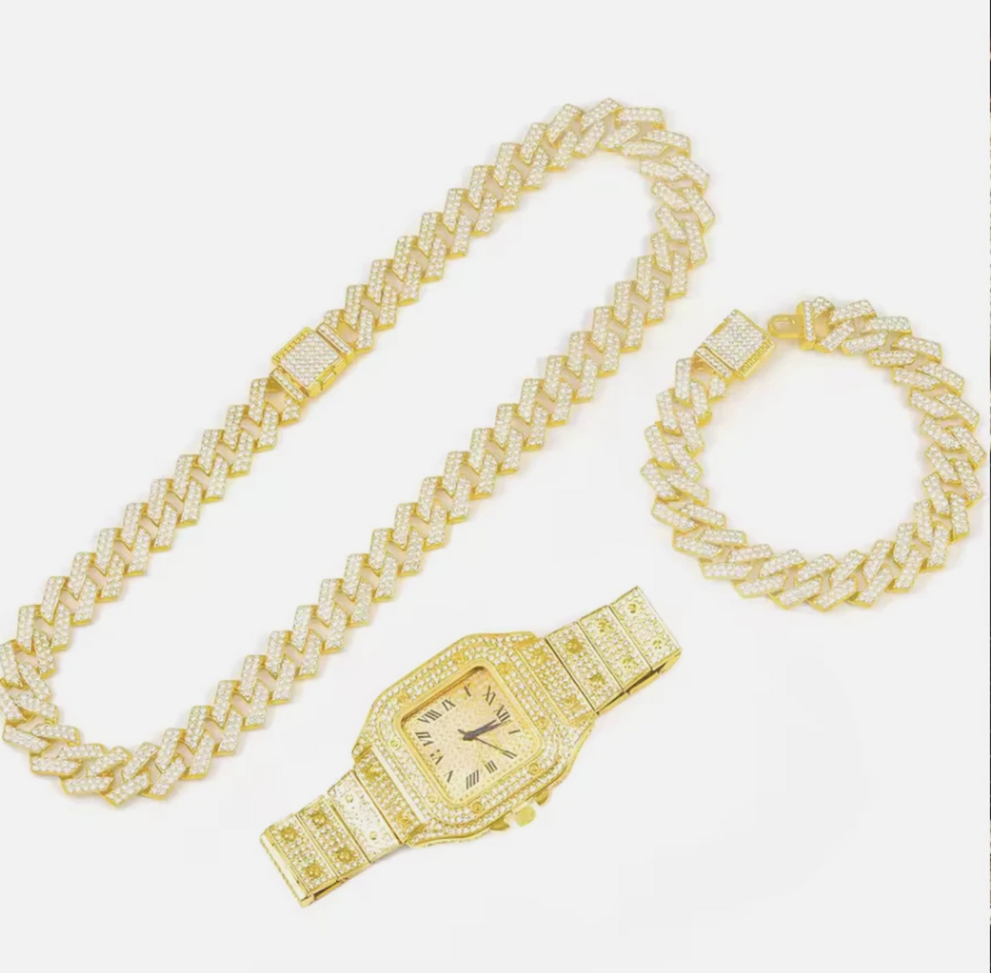 3pc Iced Out Mens Luxurious Watch, Cuban Link Chain & Bracelet Set
