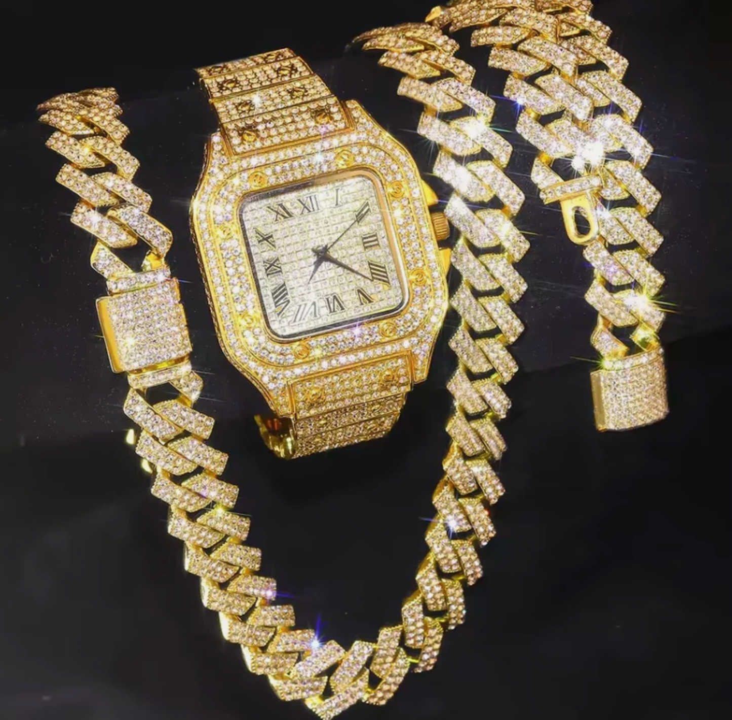 3pc Iced Out Mens Luxurious Watch, Cuban Link Chain & Bracelet Set