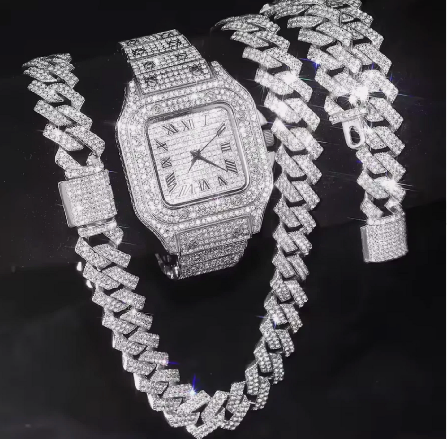 3pc Iced Out Mens Luxurious Watch, Cuban Link Chain & Bracelet Set