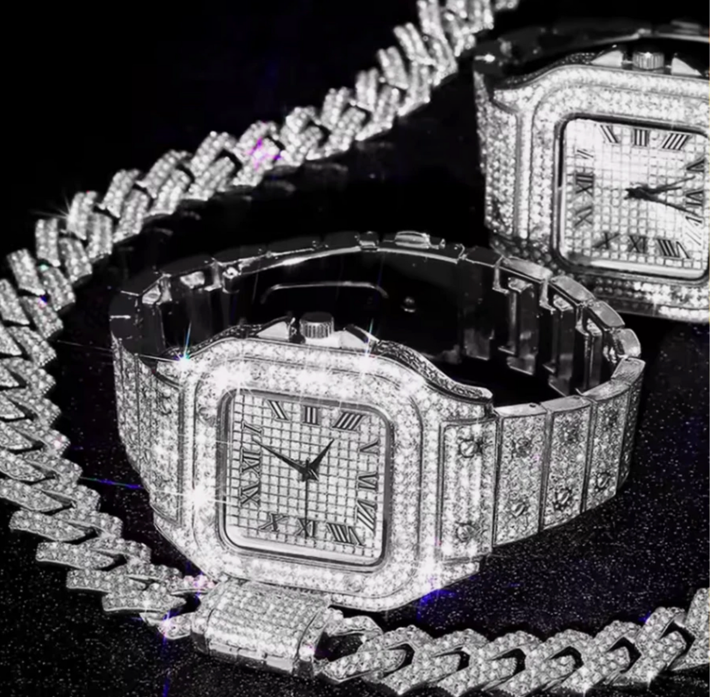 3pc Iced Out Mens Luxurious Watch, Cuban Link Chain & Bracelet Set