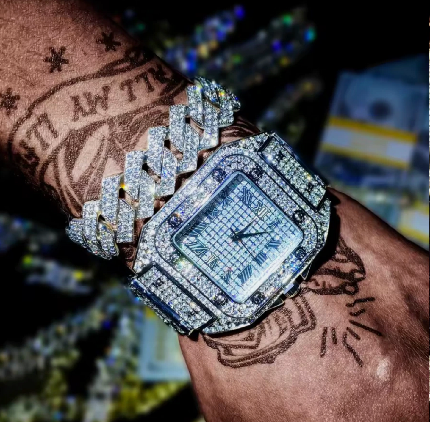 3pc Iced Out Mens Luxurious Watch, Cuban Link Chain & Bracelet Set