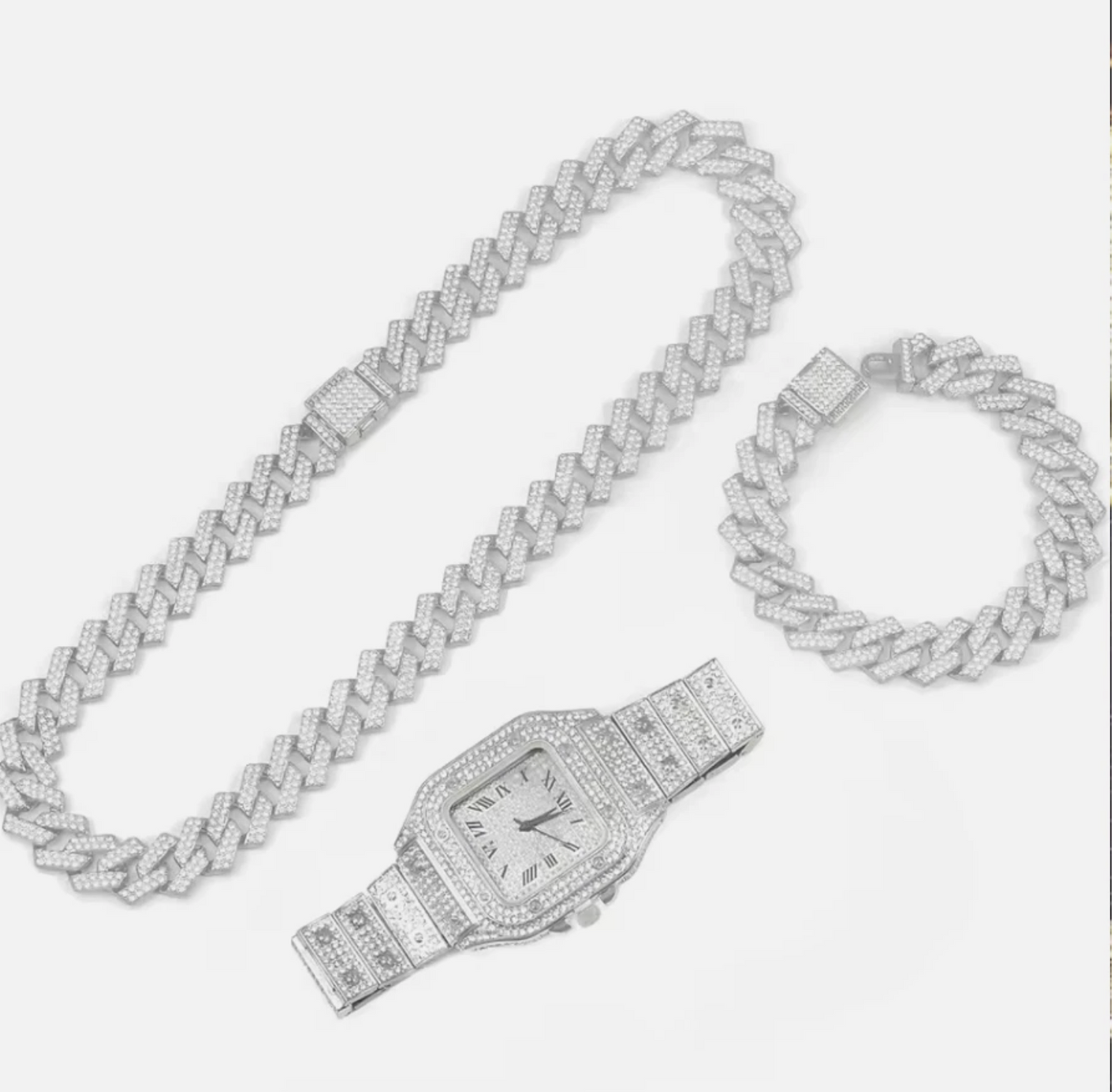 3pc Iced Out Mens Luxurious Watch, Cuban Link Chain & Bracelet Set