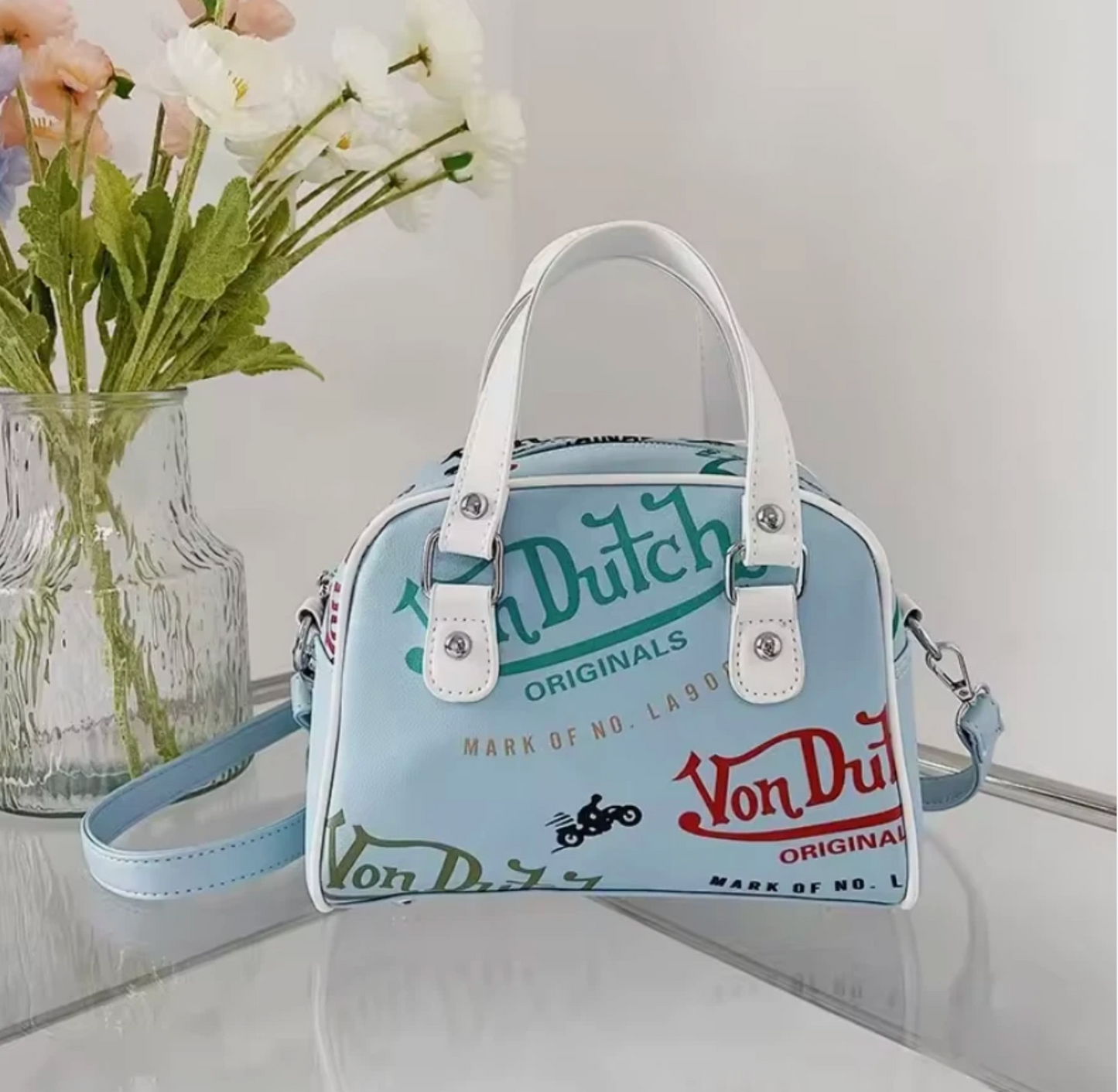 Woman’s Von Dutch Zipper Pouch Shoulder Hand Bags, Pink White Blue & More