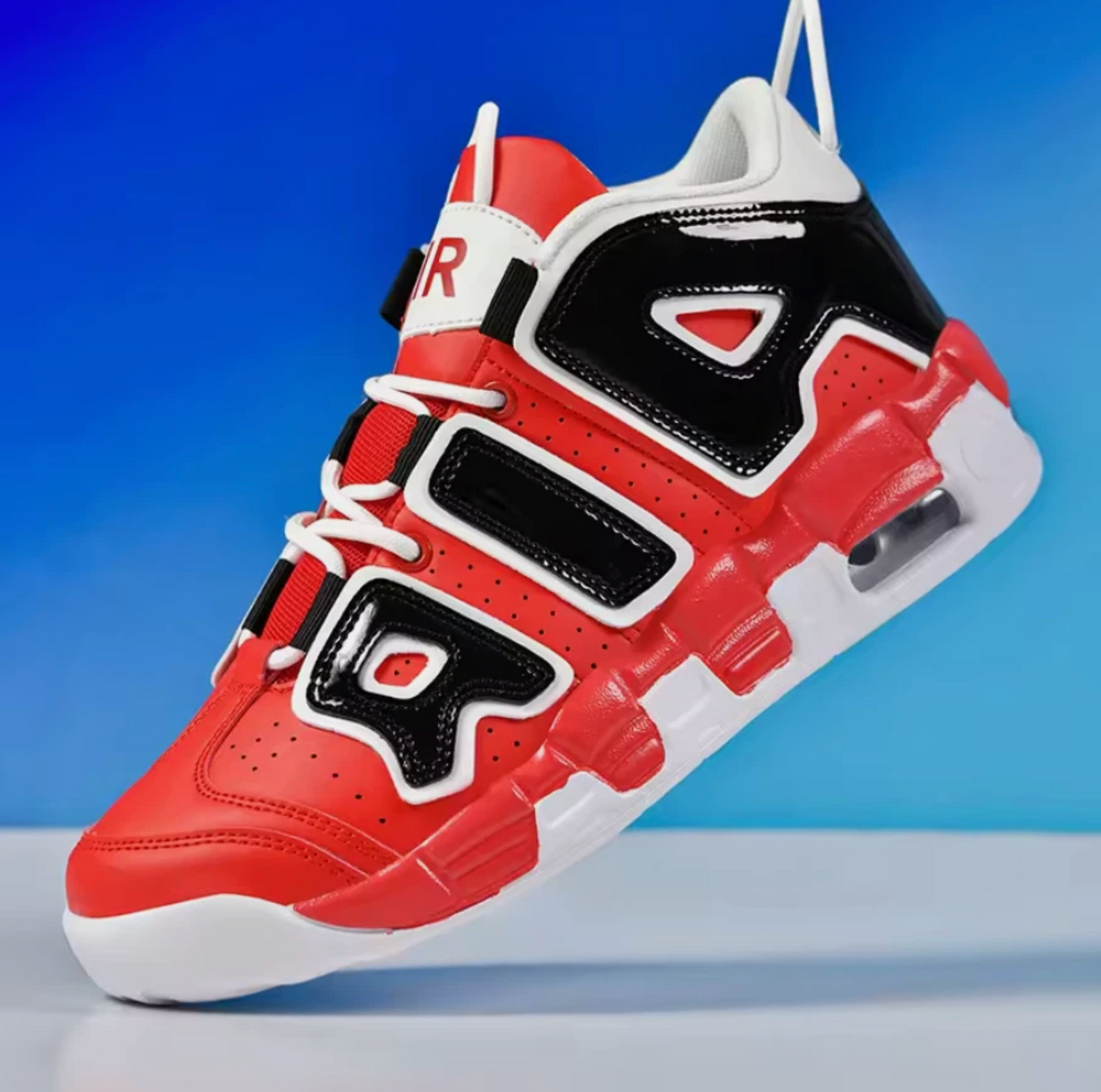 Mens Air Cushioned High Top Basketball Shoes Red, Black & White