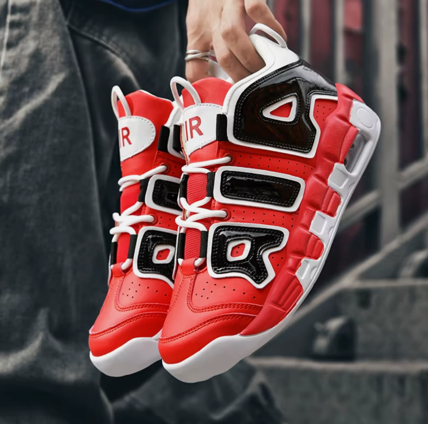 Mens Air Cushioned High Top Basketball Shoes Red, Black & White