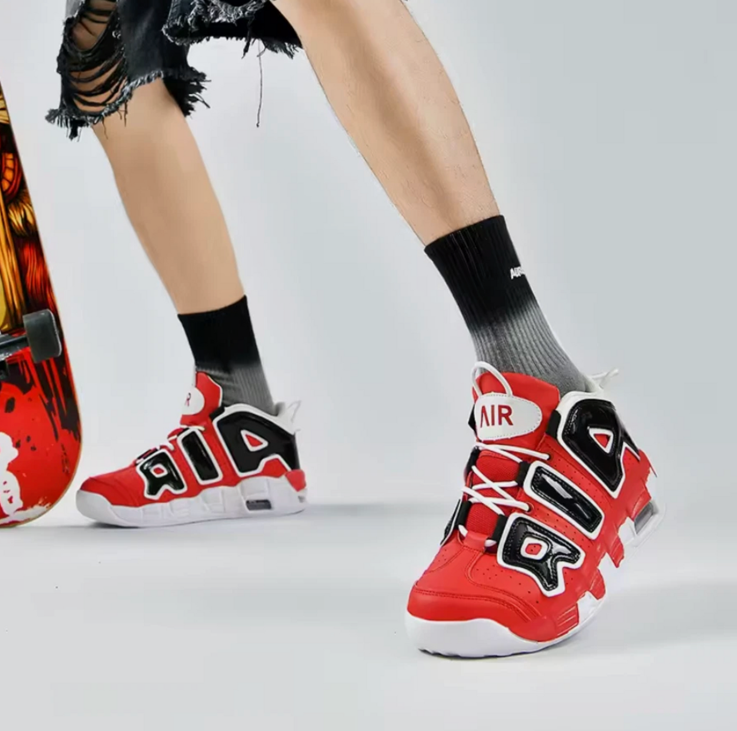 Mens Air Cushioned High Top Basketball Shoes Red, Black & White