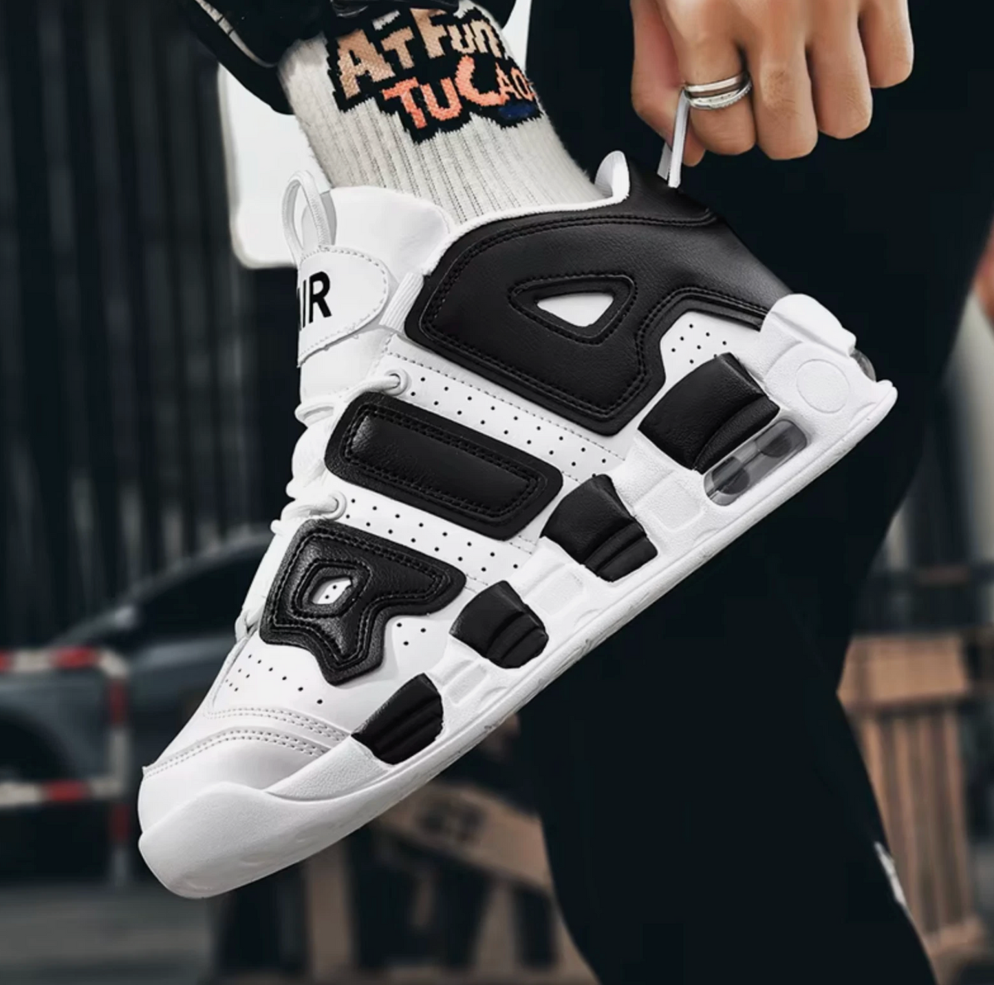 Mens Air Cushioned High Top Basketball Shoes Red, Black & White
