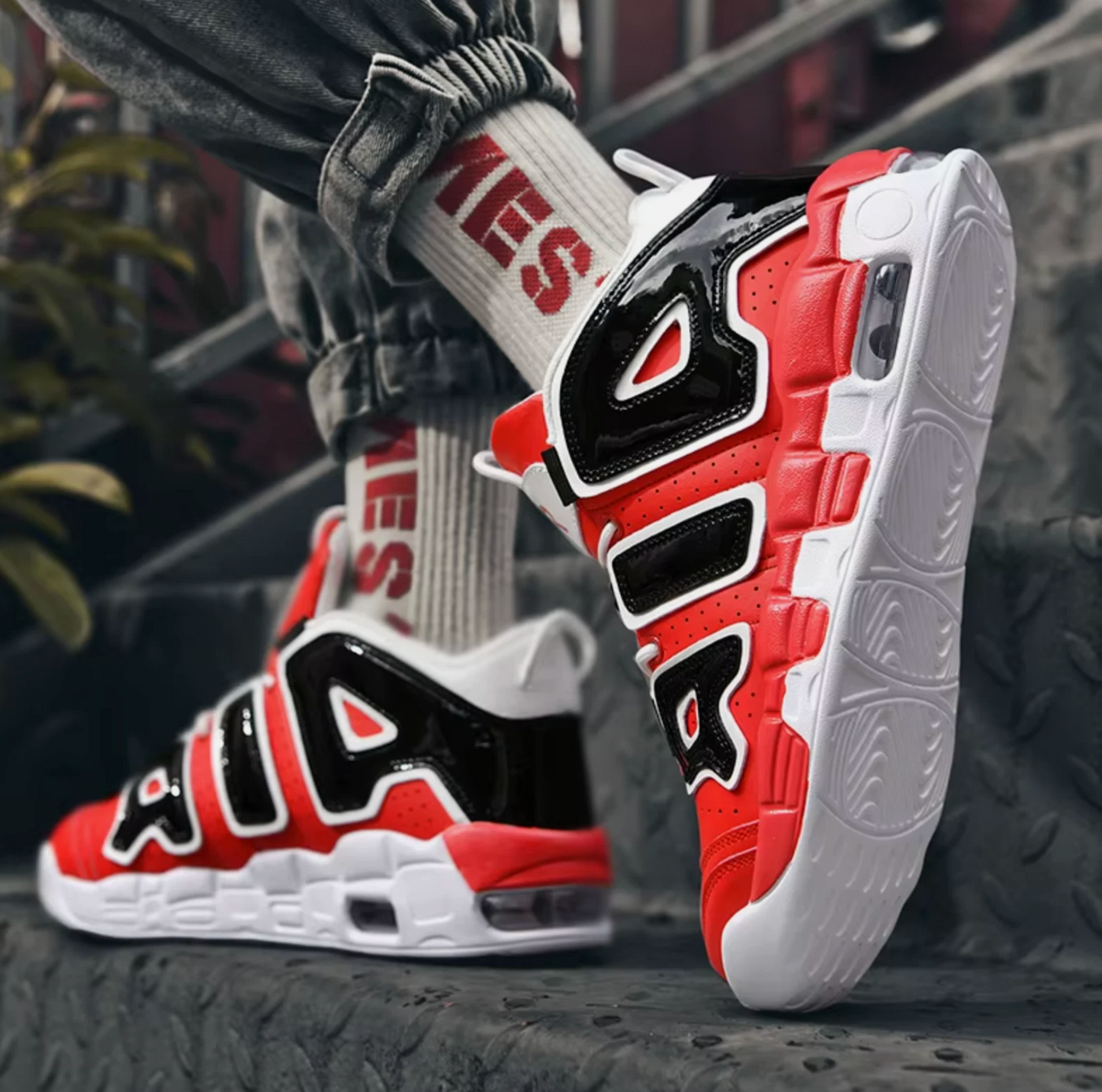 Mens Air Cushioned High Top Basketball Shoes Red, Black & White