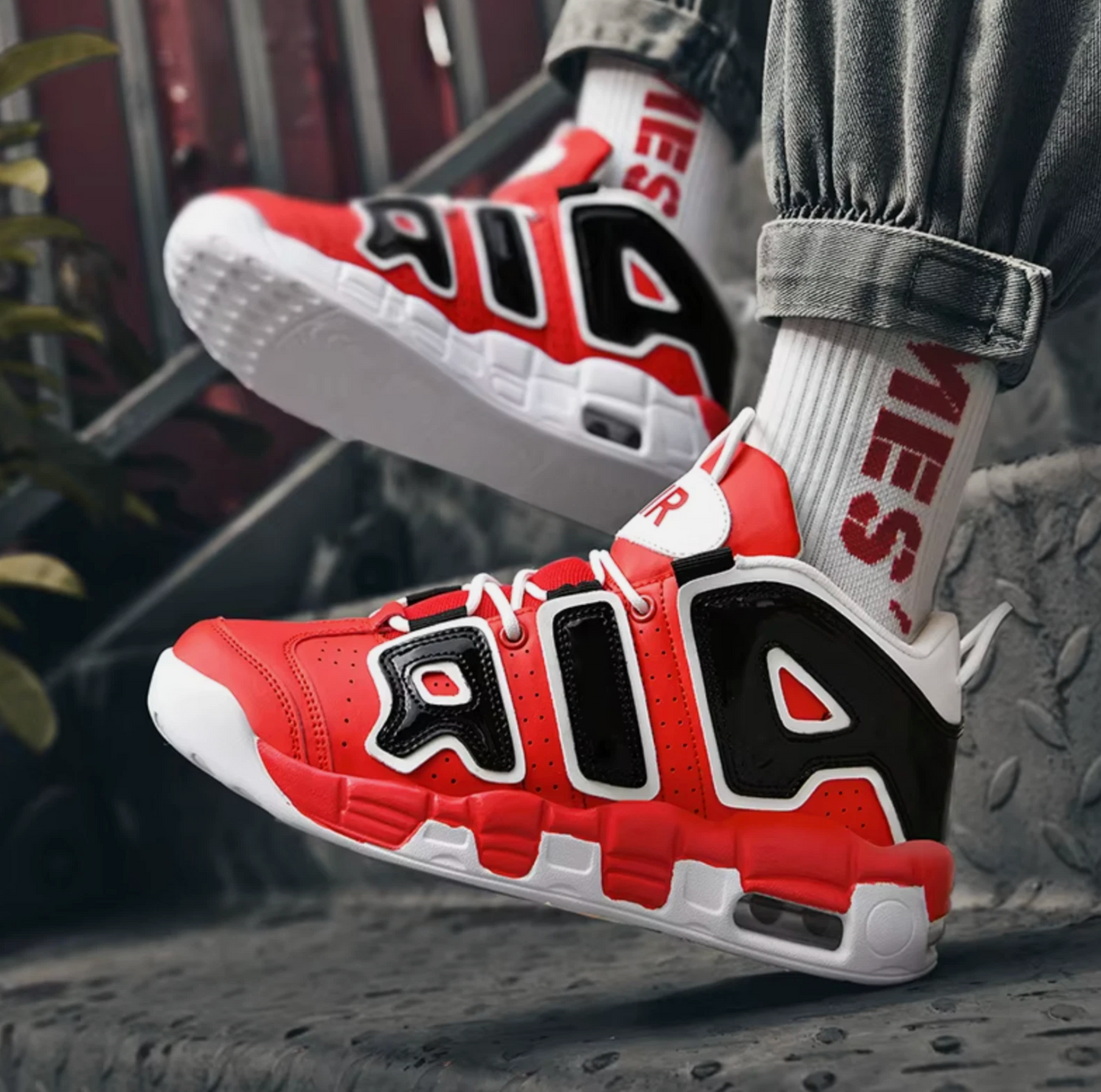 Mens Air Cushioned High Top Basketball Shoes Red, Black & White