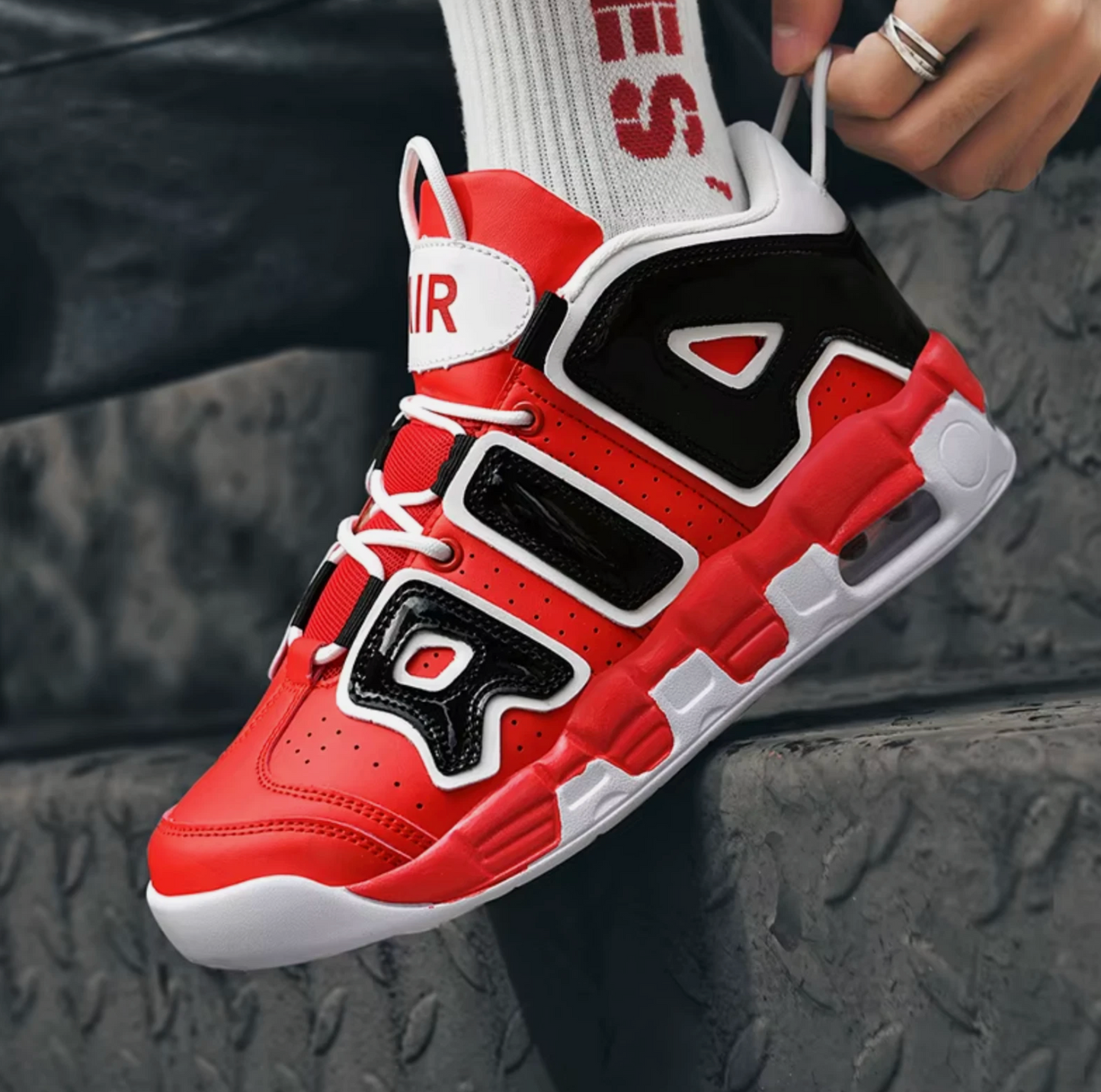 Mens Air Cushioned High Top Basketball Shoes Red, Black & White