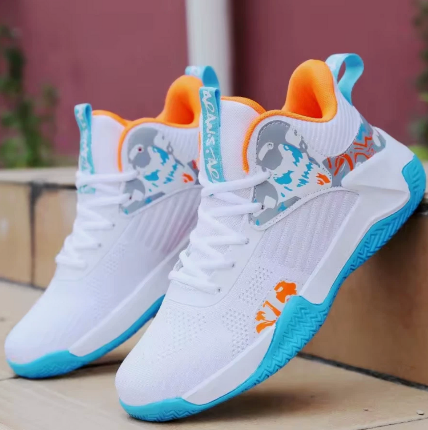 Mens Basketball Tennis Outdoor Court High Top Shoes, White Blue Black