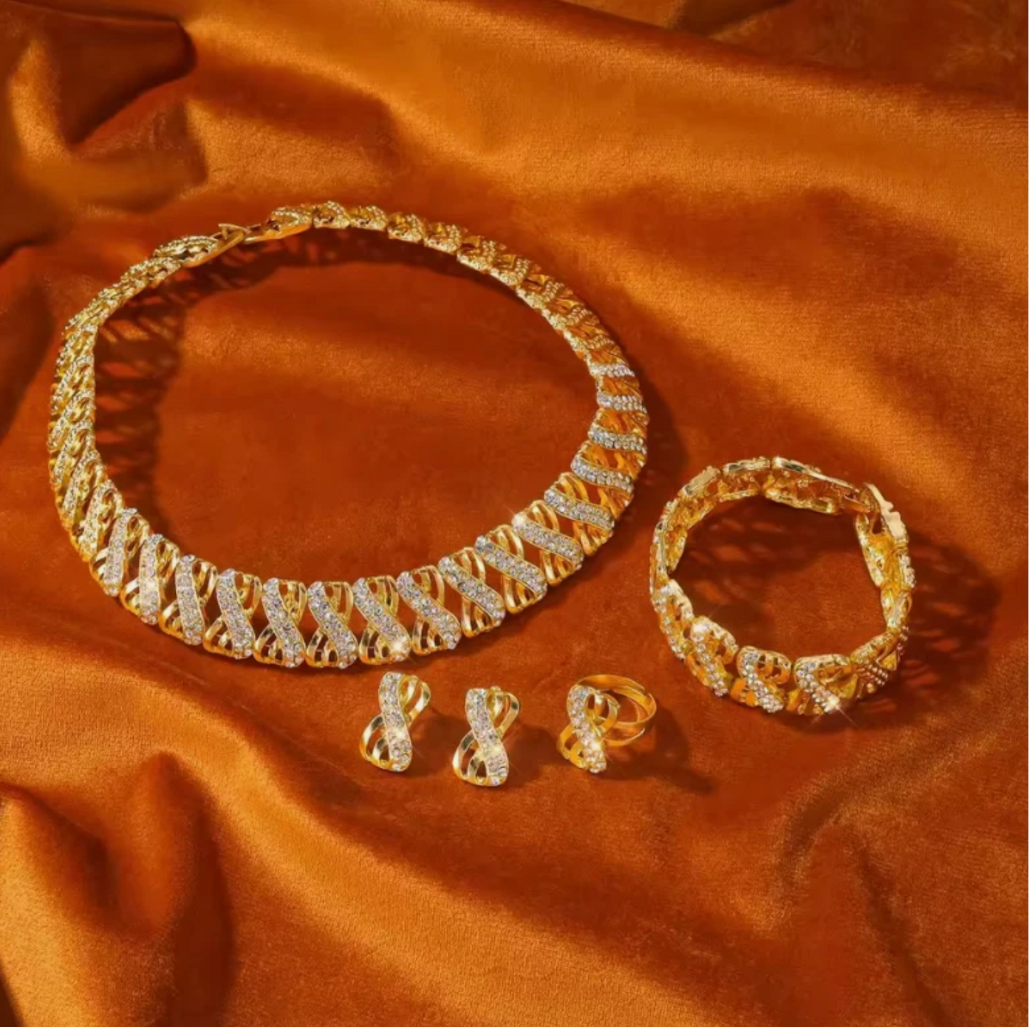 Woman's 5pc Necklace Earrings Bracelet Ring Gold Jewelry Set