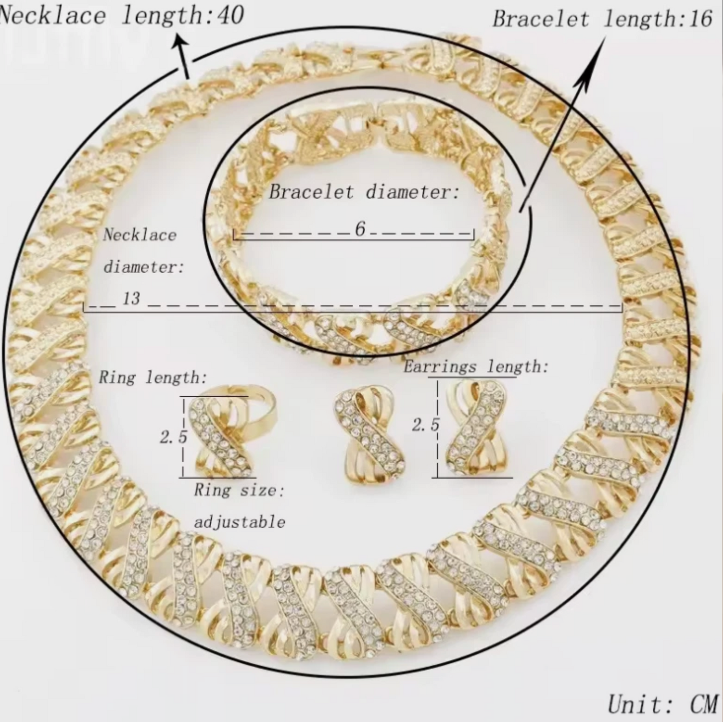 Woman's 5pc Necklace Earrings Bracelet Ring Gold Jewelry Set