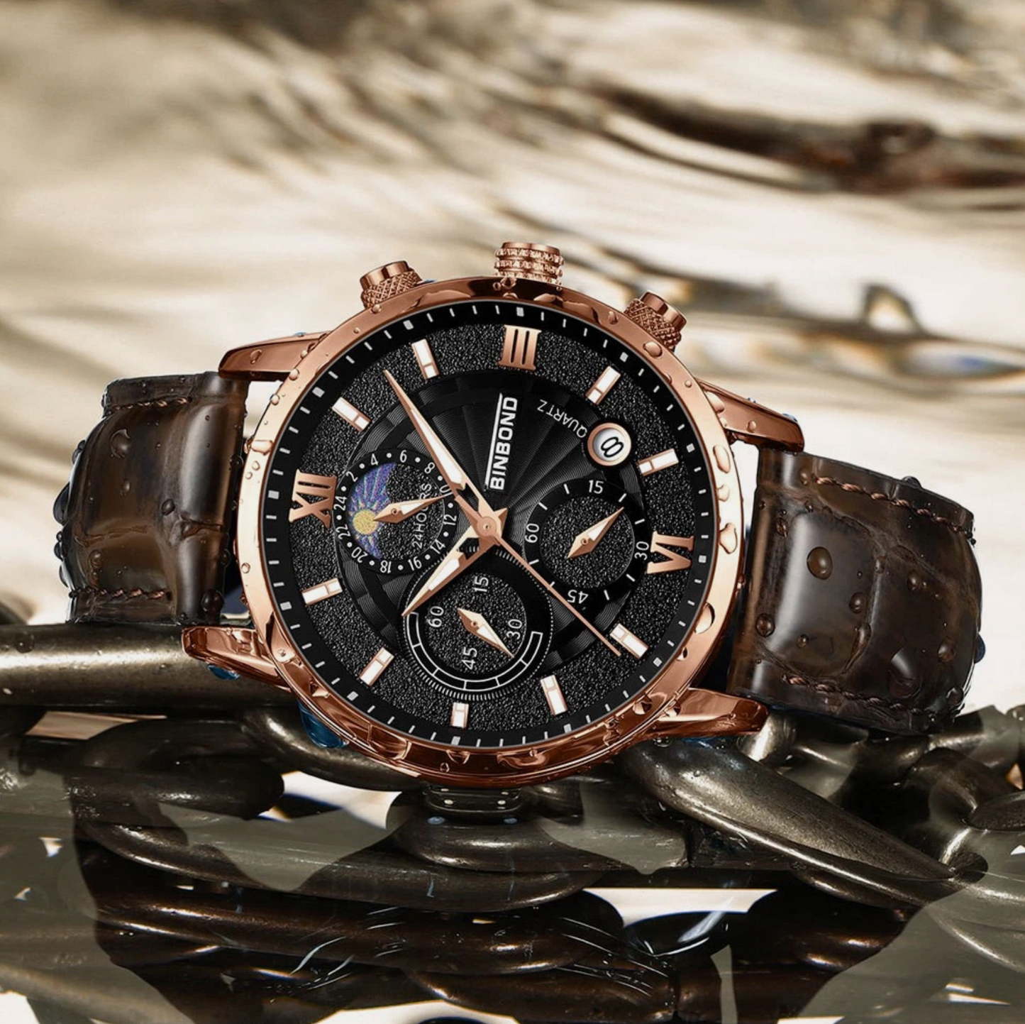 Mens Multifunctional Waterproof Genuine Leather & Stainless Steel Quartz Watch