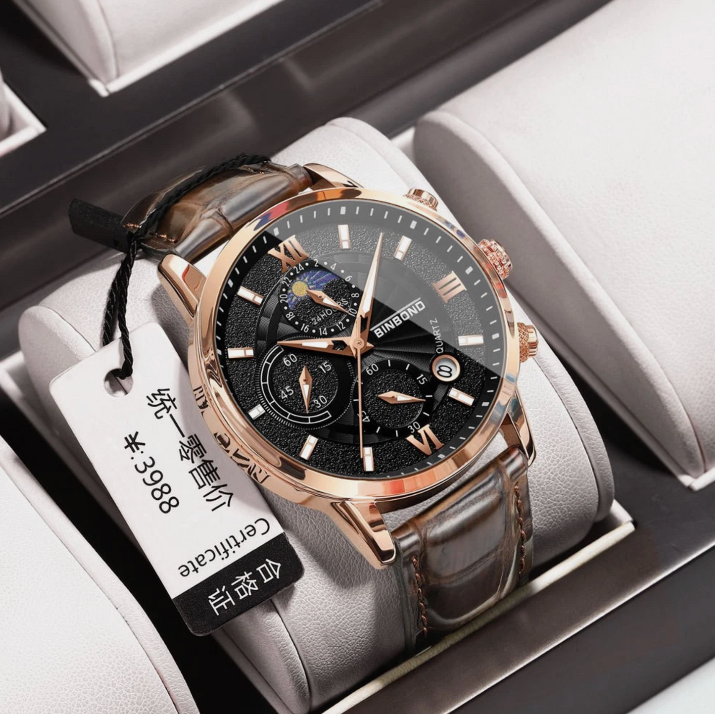 Mens Multifunctional Waterproof Genuine Leather & Stainless Steel Quartz Watch