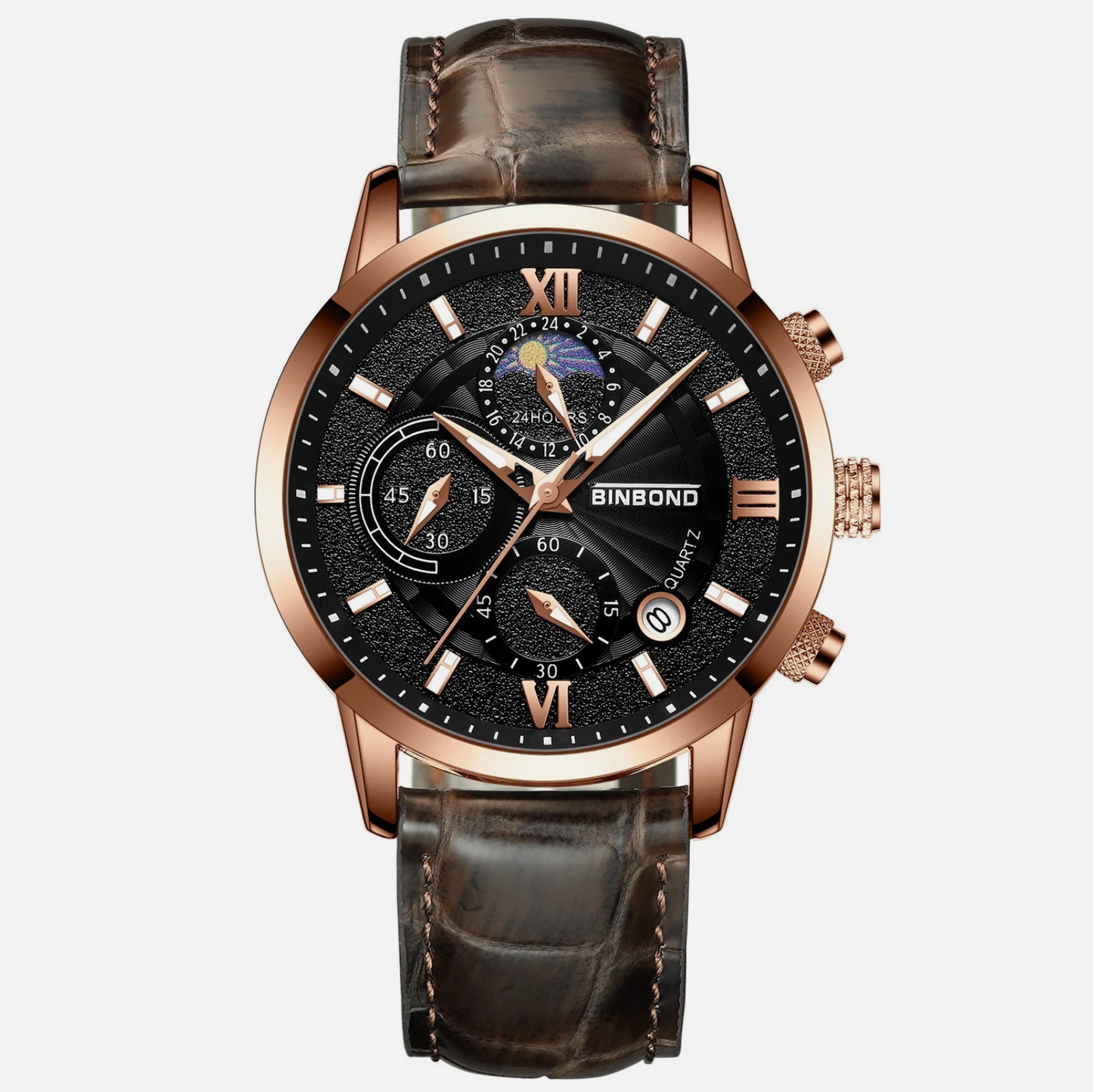 Mens Multifunctional Waterproof Genuine Leather & Stainless Steel Quartz Watch