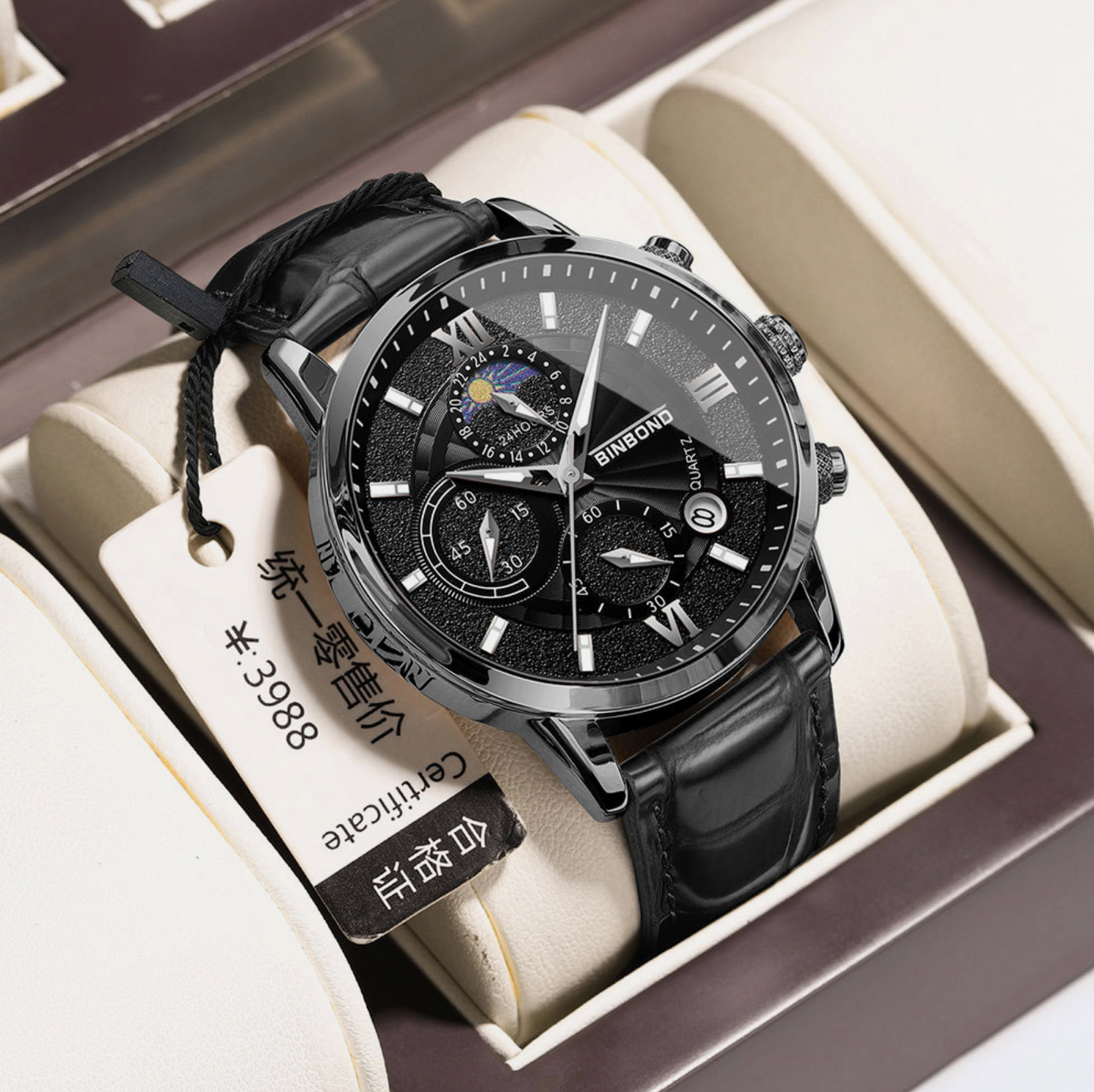 Mens Multifunctional Waterproof Genuine Leather & Stainless Steel Quartz Watch