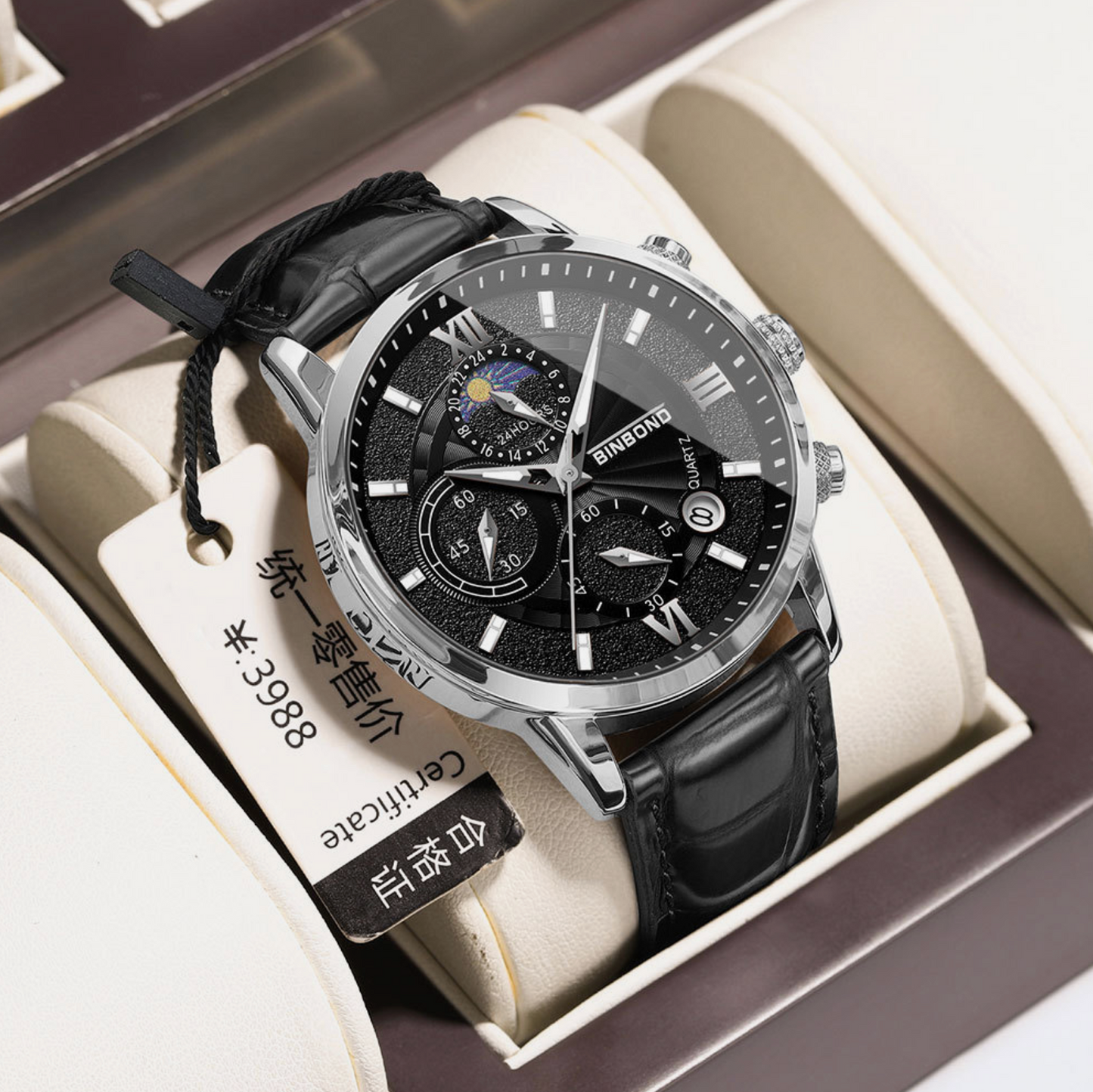 Mens Multifunctional Waterproof Genuine Leather & Stainless Steel Quartz Watch