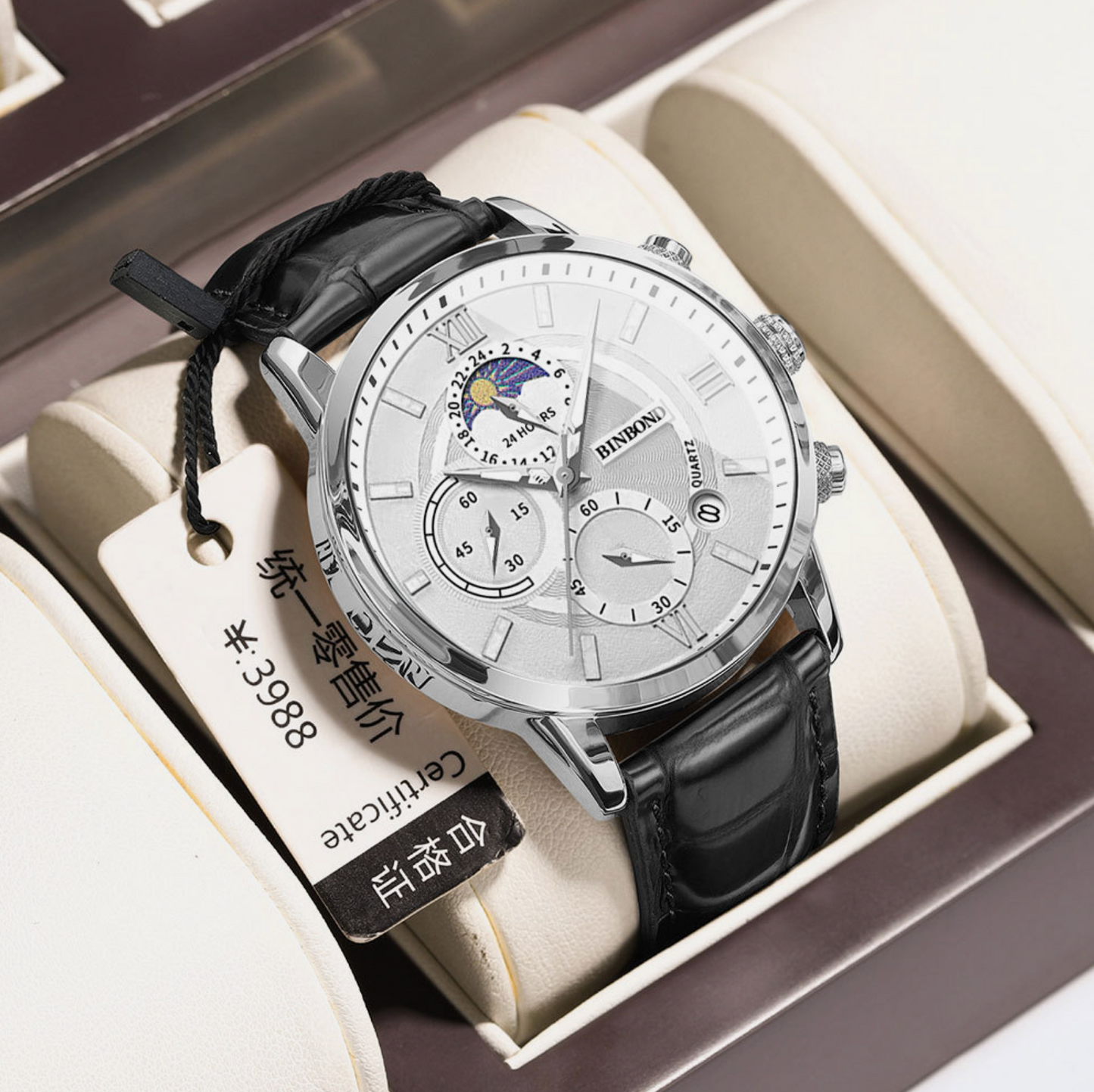 Mens Multifunctional Waterproof Genuine Leather & Stainless Steel Quartz Watch