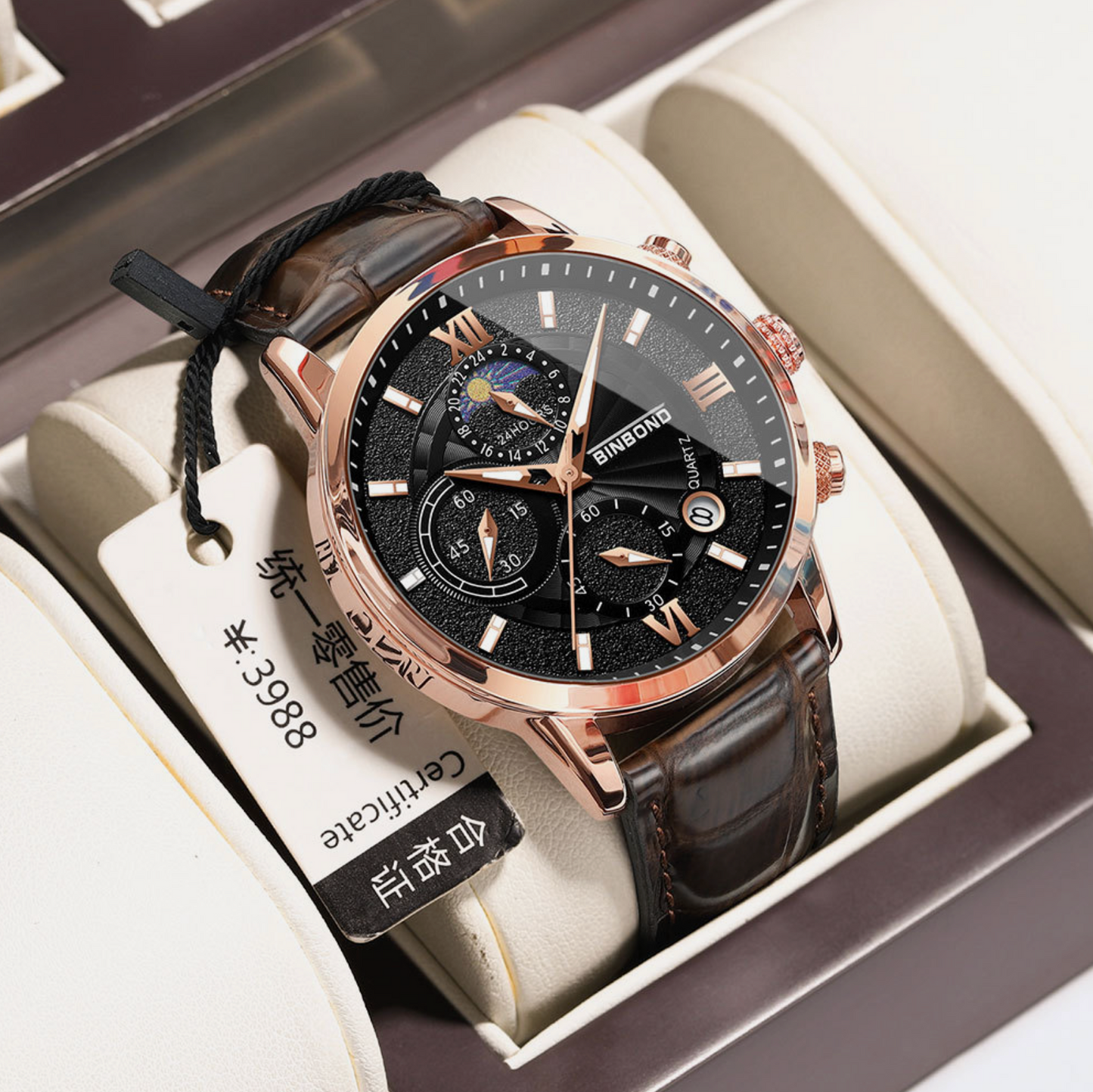 Mens Multifunctional Waterproof Genuine Leather & Stainless Steel Quartz Watch