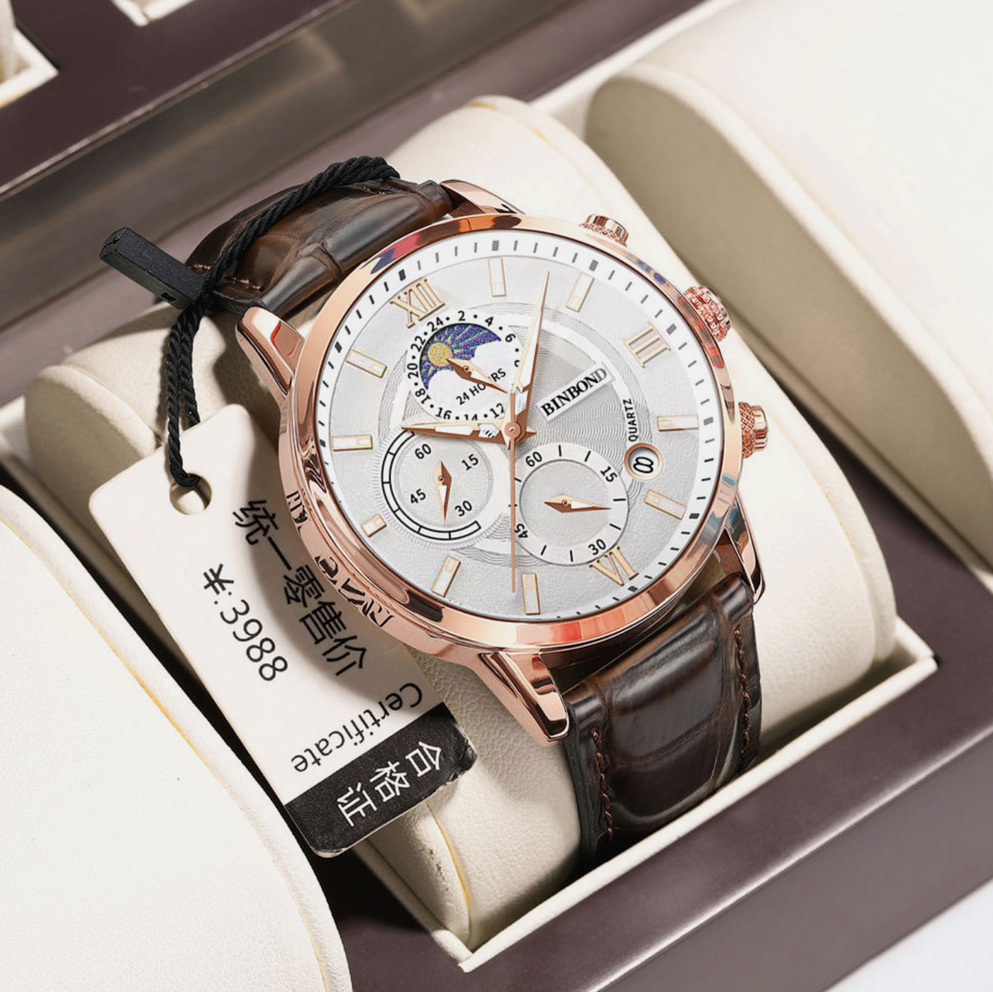 Mens Multifunctional Waterproof Genuine Leather & Stainless Steel Quartz Watch