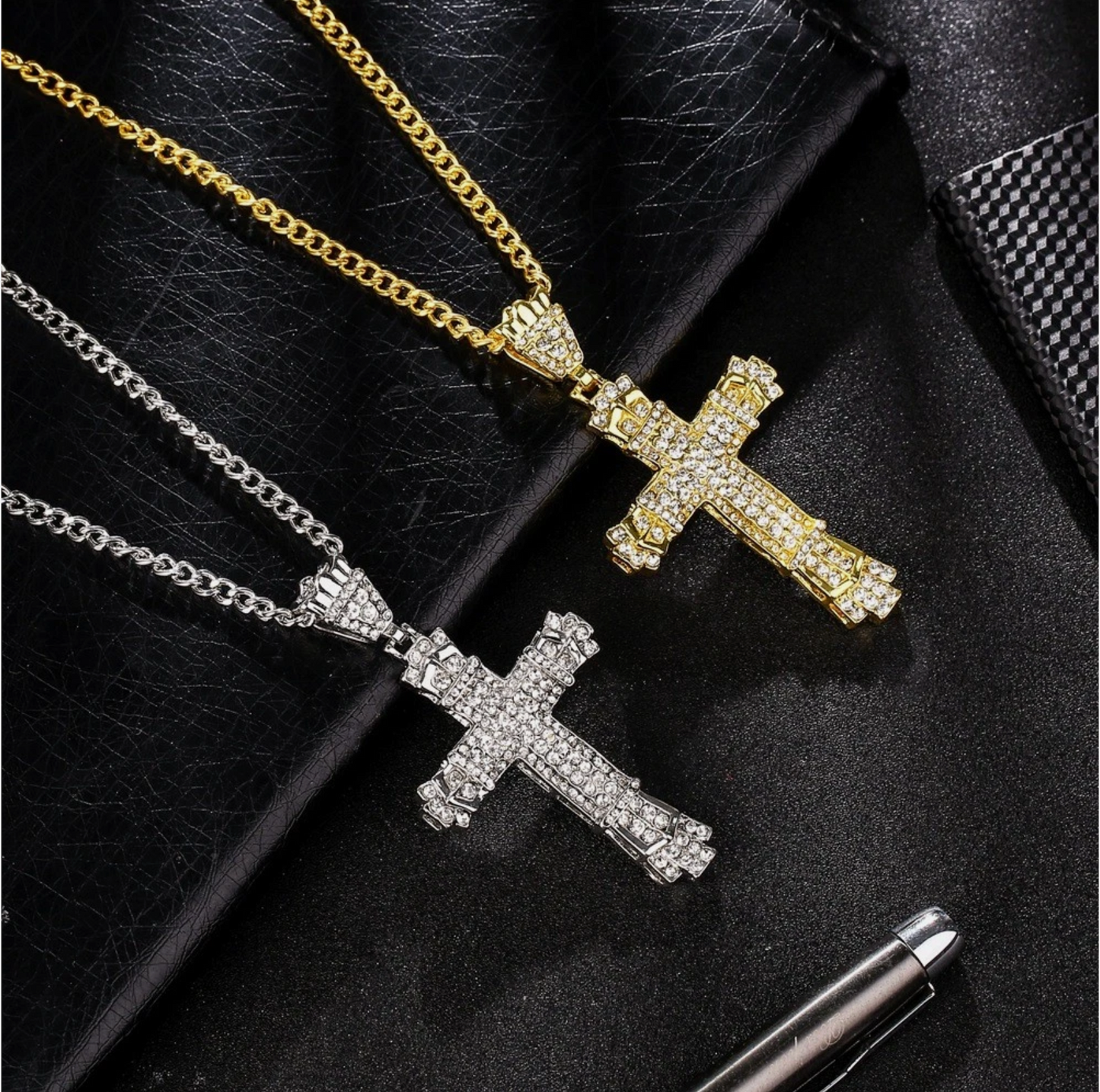 Iced Out Mens Cross Pendant 62cm Gold Chain Necklace