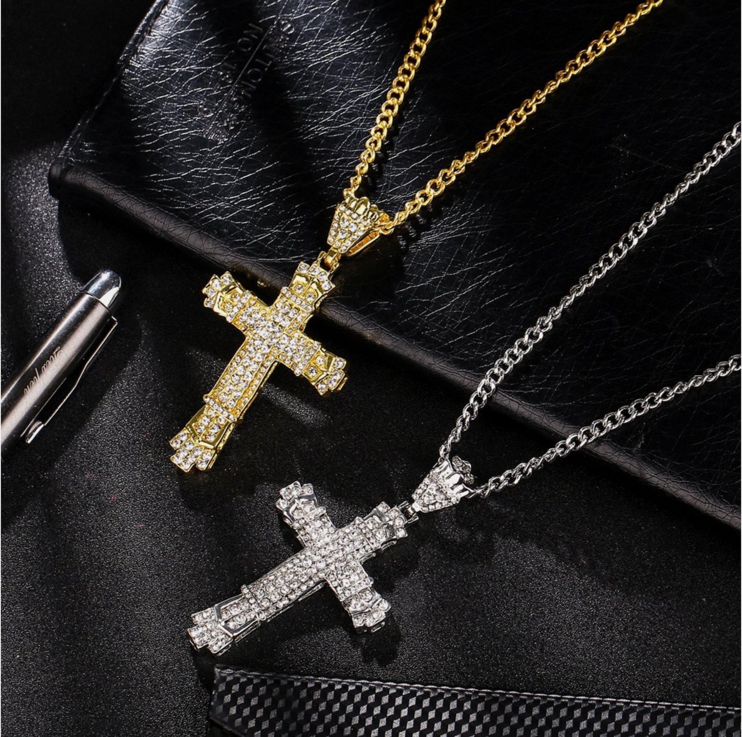 Iced Out Mens Cross Pendant 62cm Gold Chain Necklace
