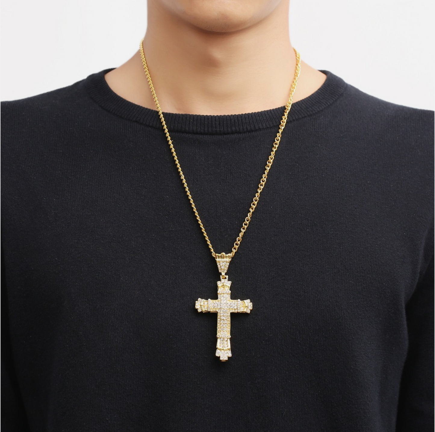 Iced Out Mens Cross Pendant 62cm Gold Chain Necklace