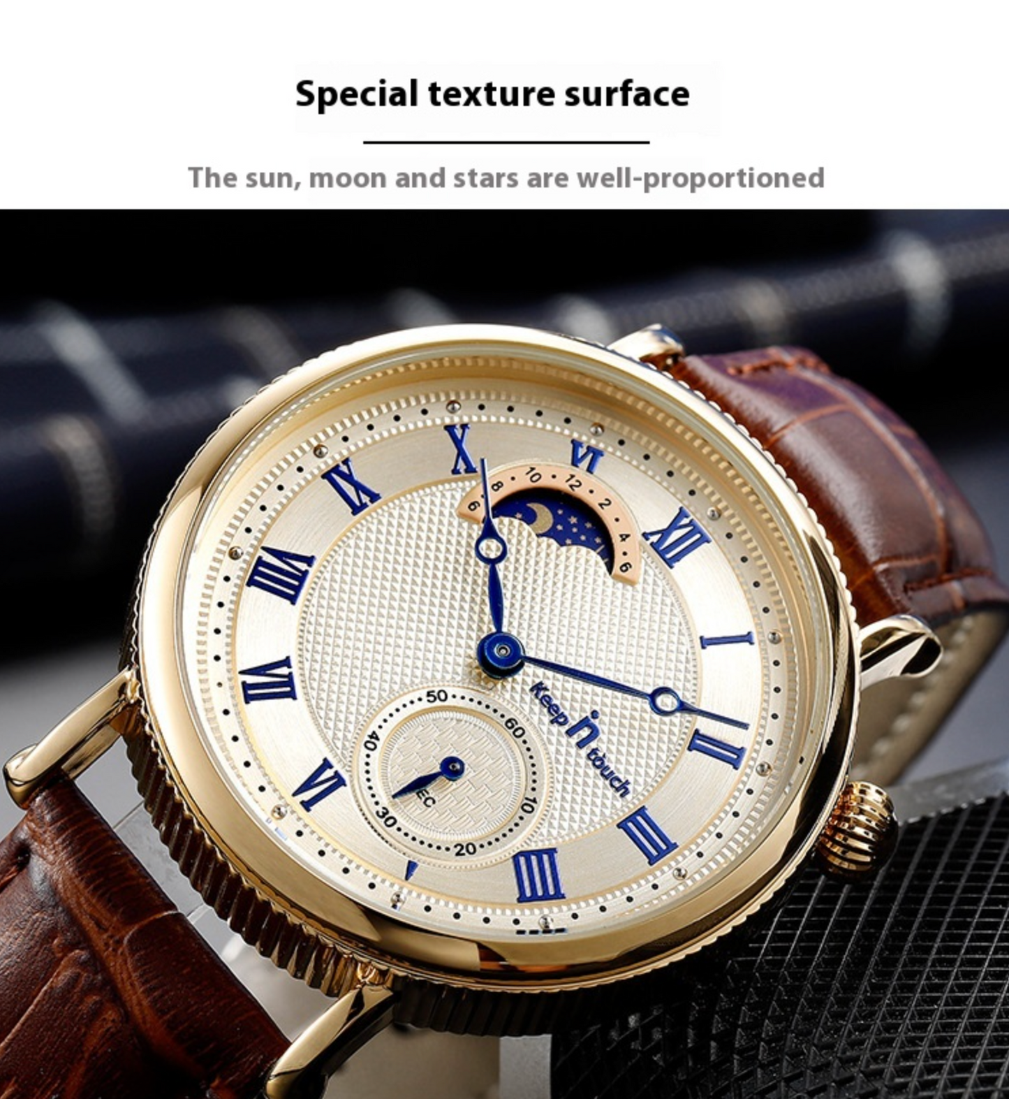 Sun Moon Star Genuine Leather Waterproof Two Pin Quartz Watch
