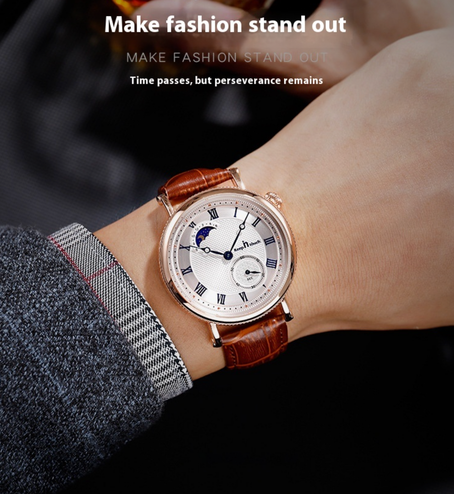 Sun Moon Star Genuine Leather Waterproof Two Pin Quartz Watch