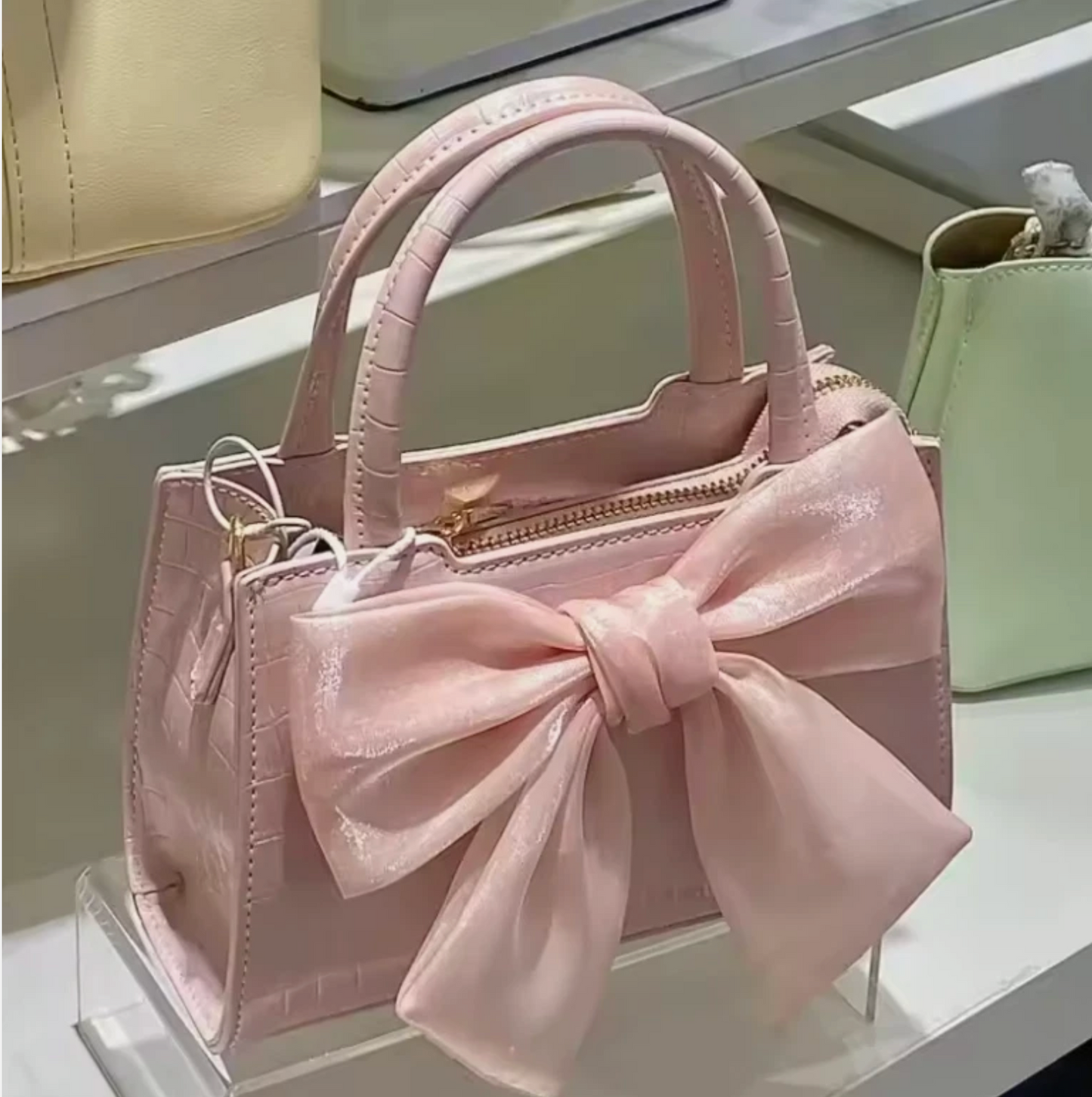 Woman's Firm Silky Pink Bow Tie Ribbon Shiny Hand Bag Small