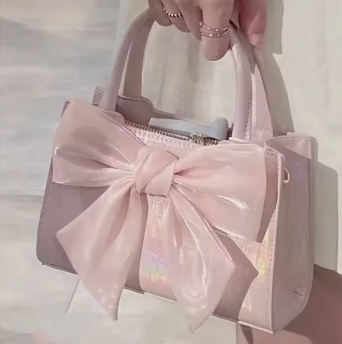Woman's Firm Silky Pink Bow Tie Ribbon Shiny Hand Bag Small