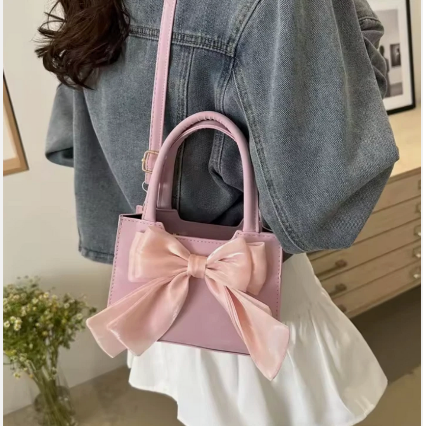 Woman's Firm Silky Pink Bow Tie Ribbon Shiny Hand Bag Small