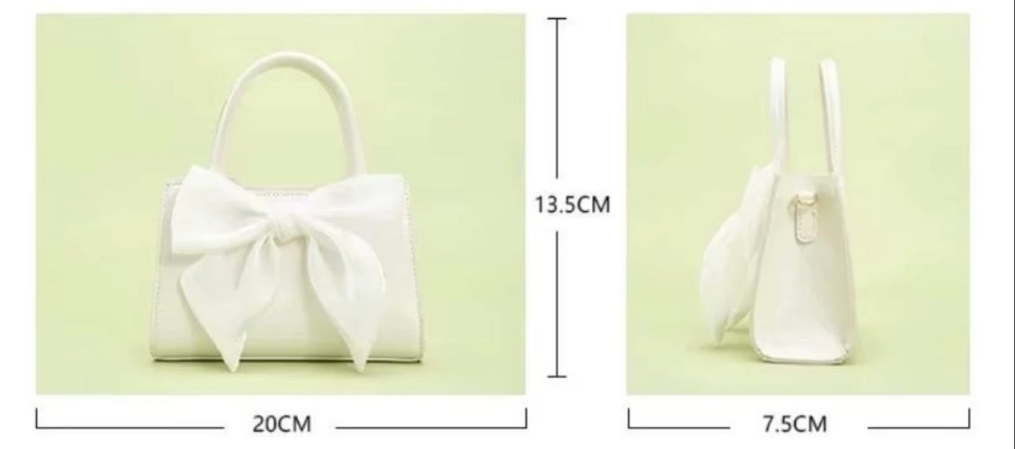 Woman's Firm Silky Pink Bow Tie Ribbon Shiny Hand Bag Small