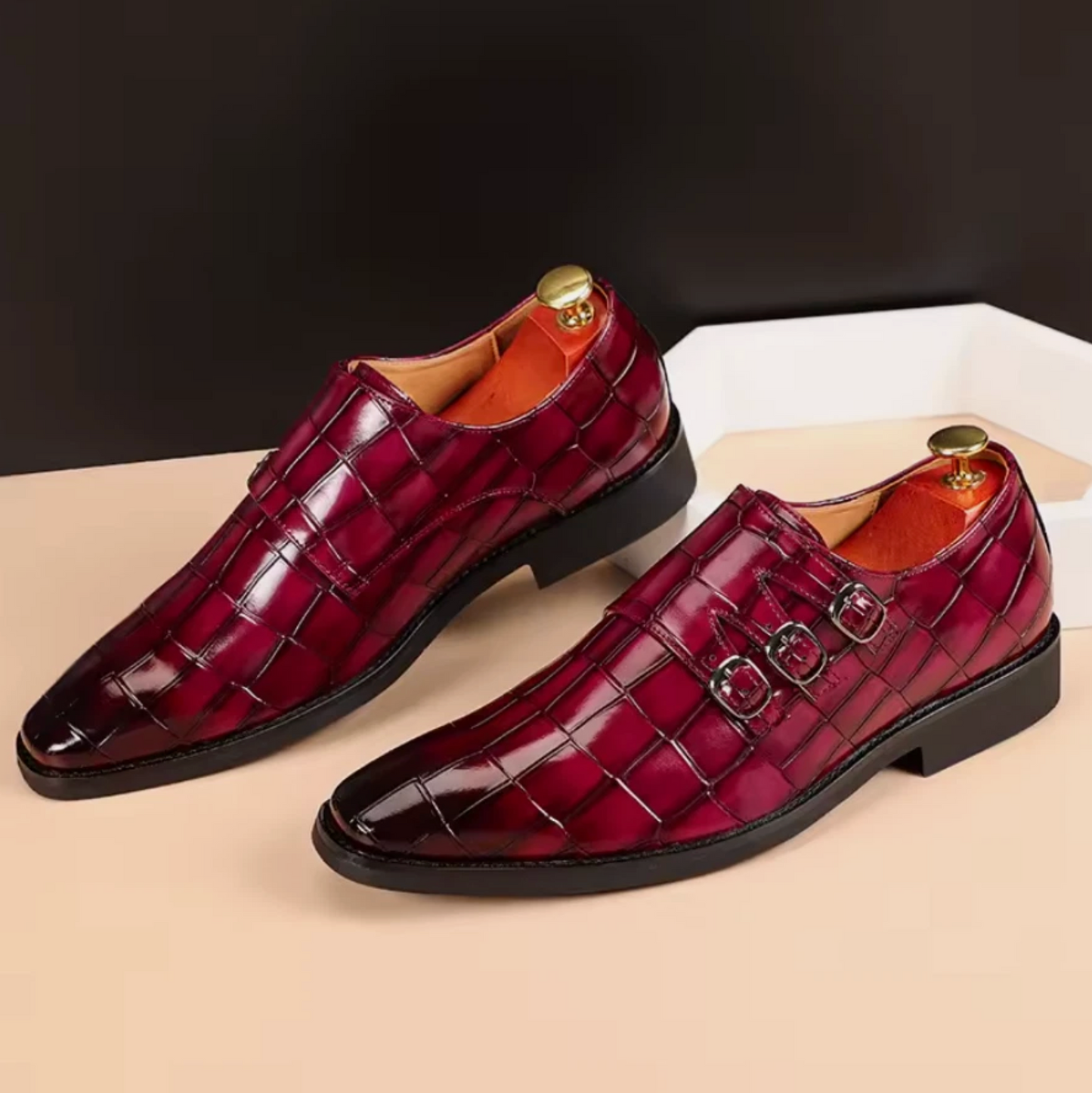Mens Alligator Print Buckle Strap 3 Buckle Polished Dress Shoes