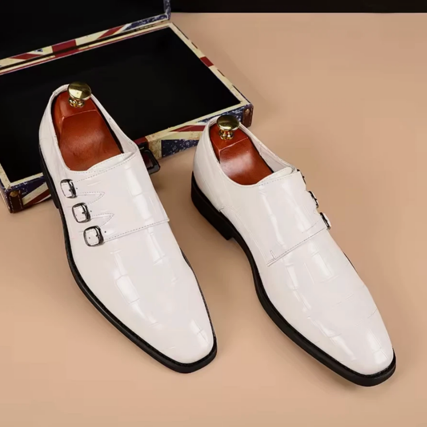 Mens Alligator Print Buckle Strap 3 Buckle Polished Dress Shoes