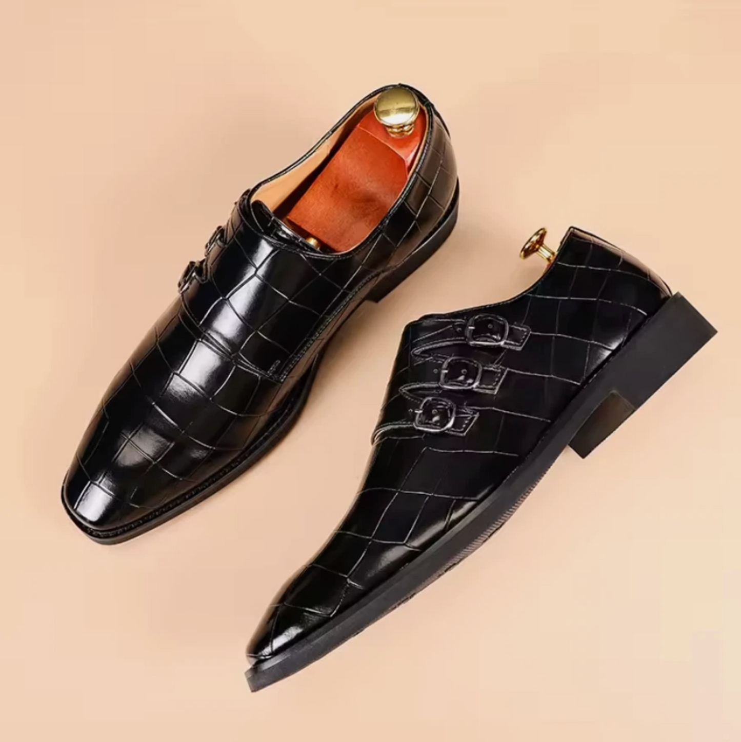 Mens Alligator Print Buckle Strap 3 Buckle Polished Dress Shoes
